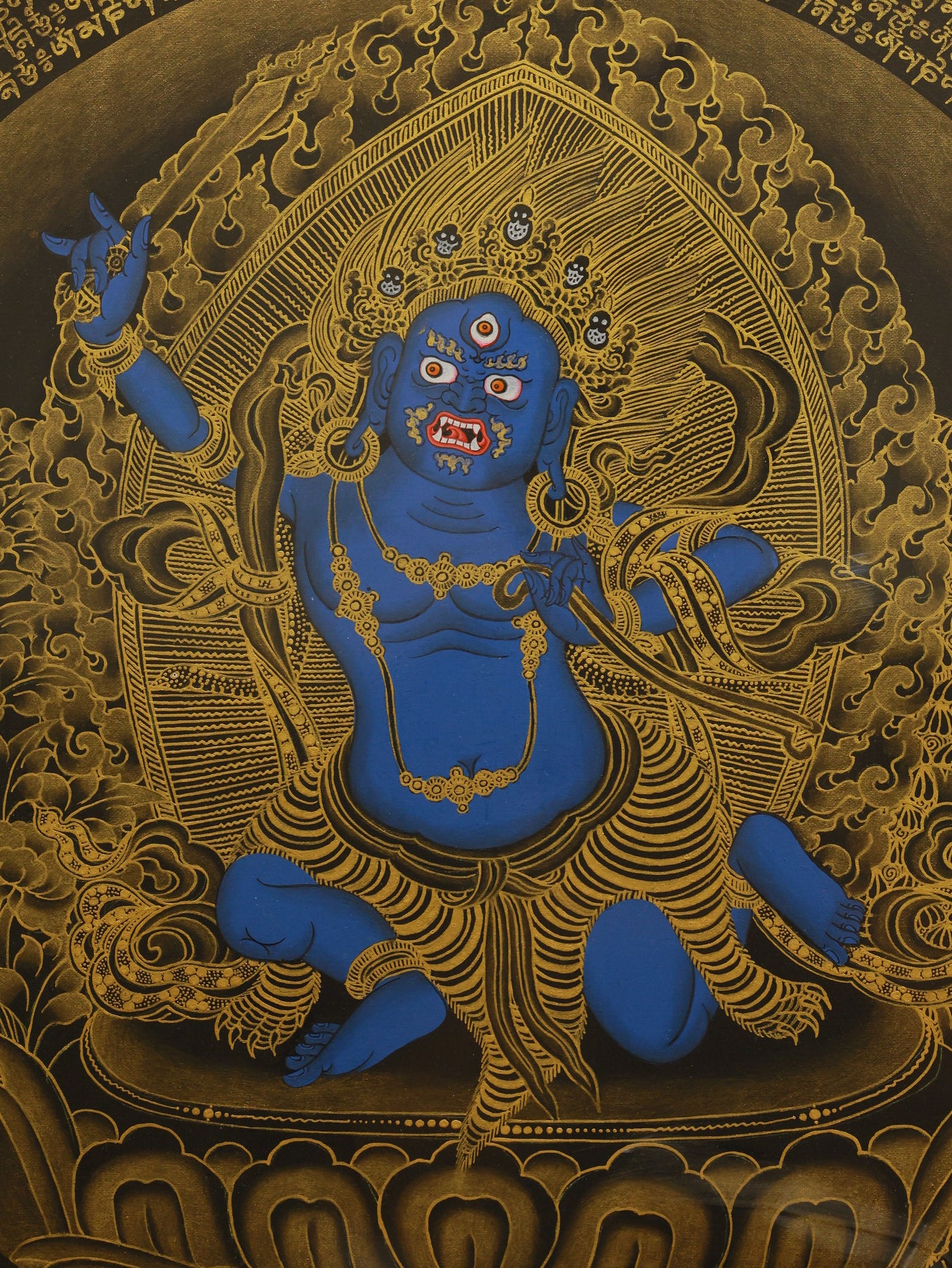 Fire wisdom king Achala thangka painting, surrounded by flames and inscribed with the powerful six-syllable mantra.