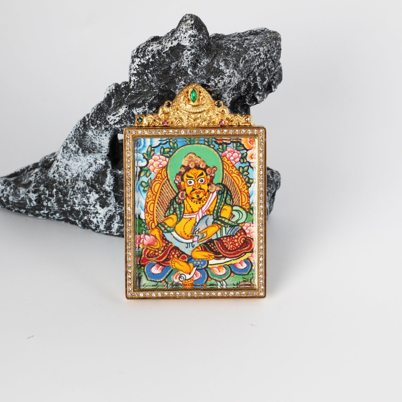  Close-up detail of the Nepal Premium Yellow Jambhala Thangka painting showing intricate natural mineral pigment work, showcasing the masterful artistry of Nepali lineage painters.
