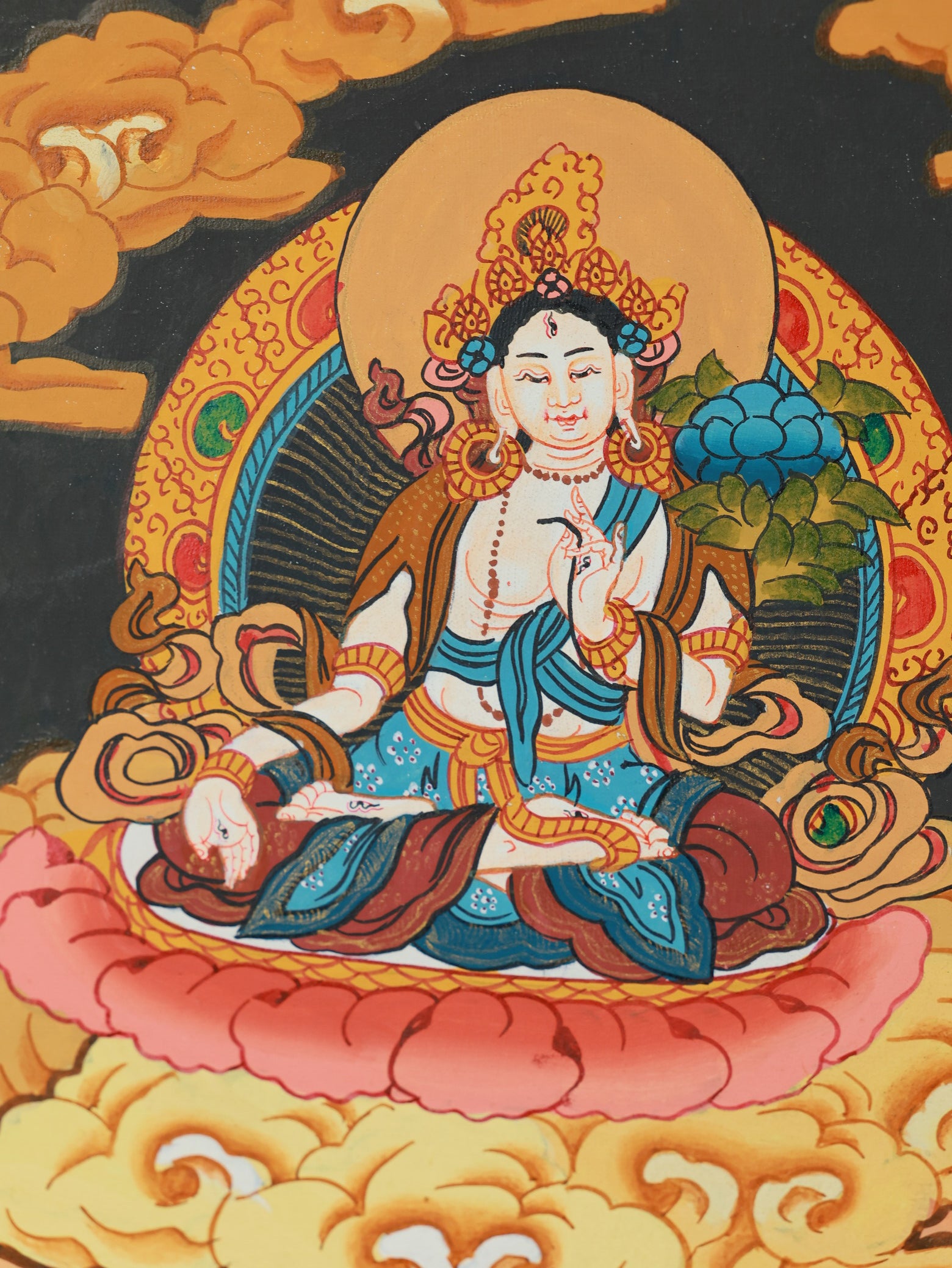 Traditional Tibetan Buddhist wealth deity Vaishravana Thangka, symbolizing abundance and protection