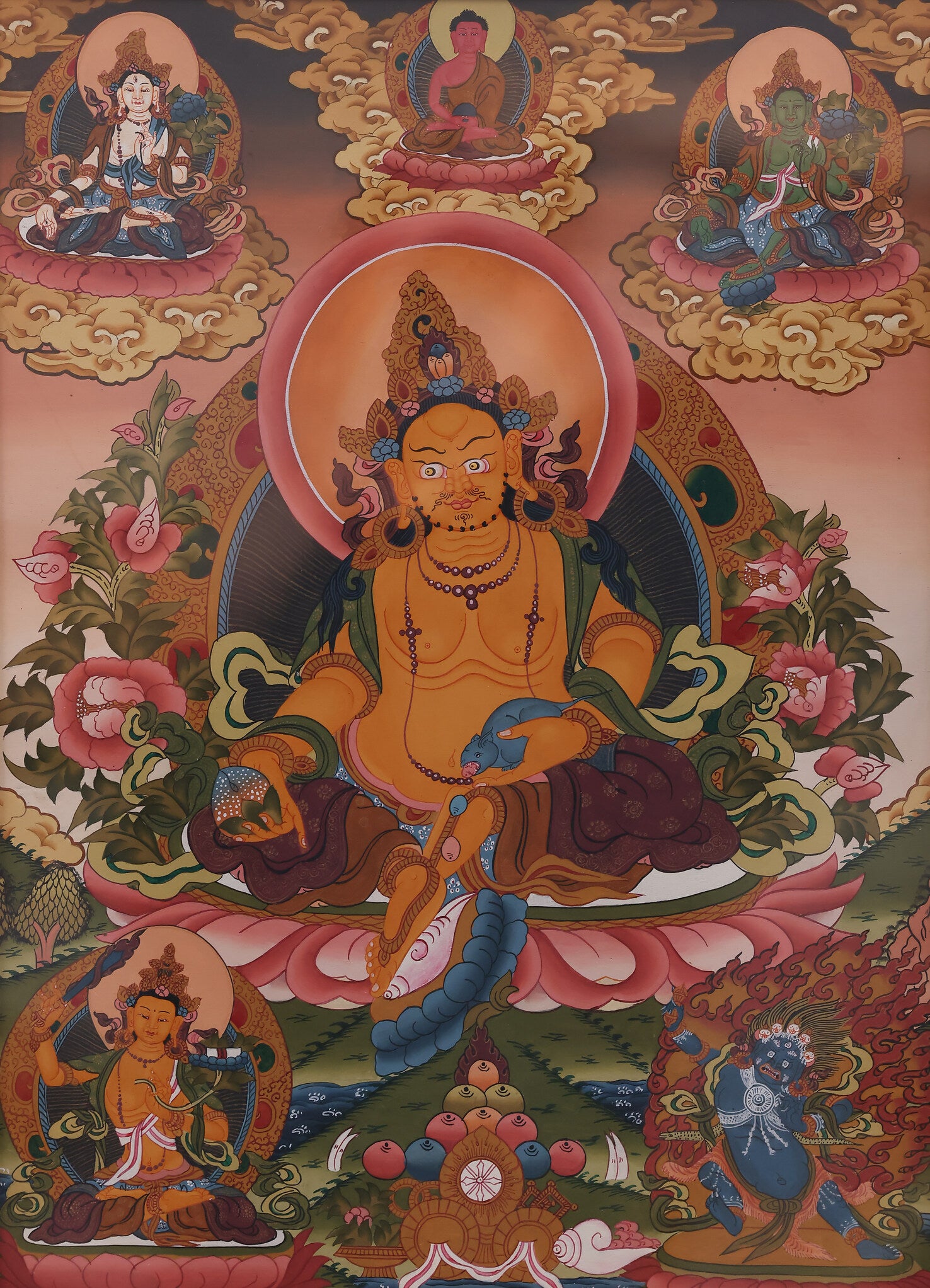 Yellow Jambhala Wealth Blessings Thangka – authentic Tibetan art for attracting abundance and prosperity.