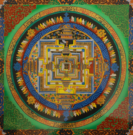 Sacred Kalachakra Mandala Thangka depicting the cosmic diagram of time and enlightenment in Tibetan Buddhist culture