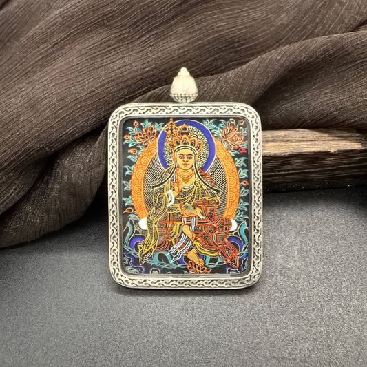 Detailed view of the nine-colour deer relief silver casing and certificate gift box for the Ksitigarbha Thangka pendant, symbolising the Great Vow and tradition in Buddhist practice.
