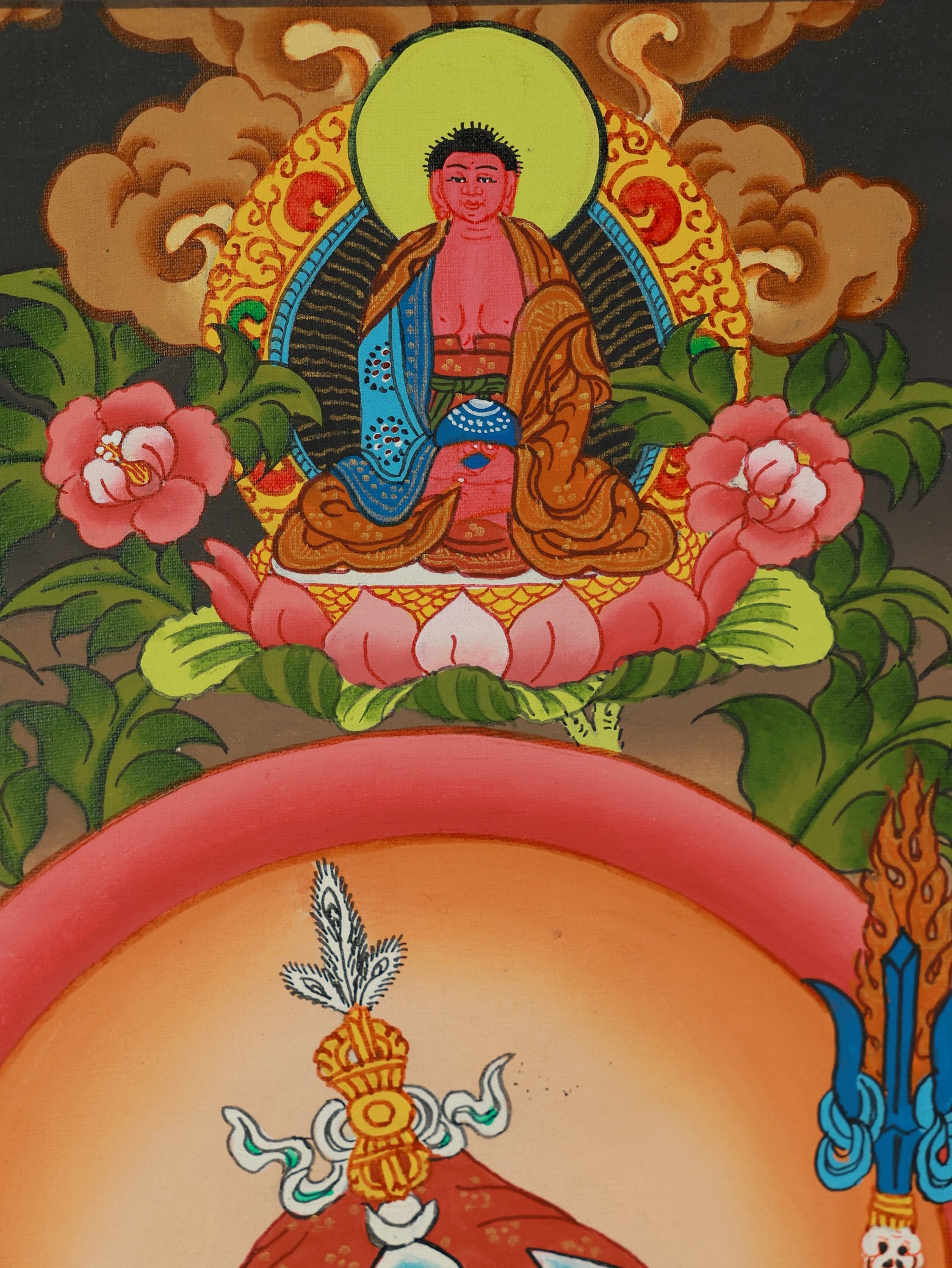 Hand-painted Guru Rinpoche thangka created in traditional Tibetan Buddhist style with rich symbolic details.