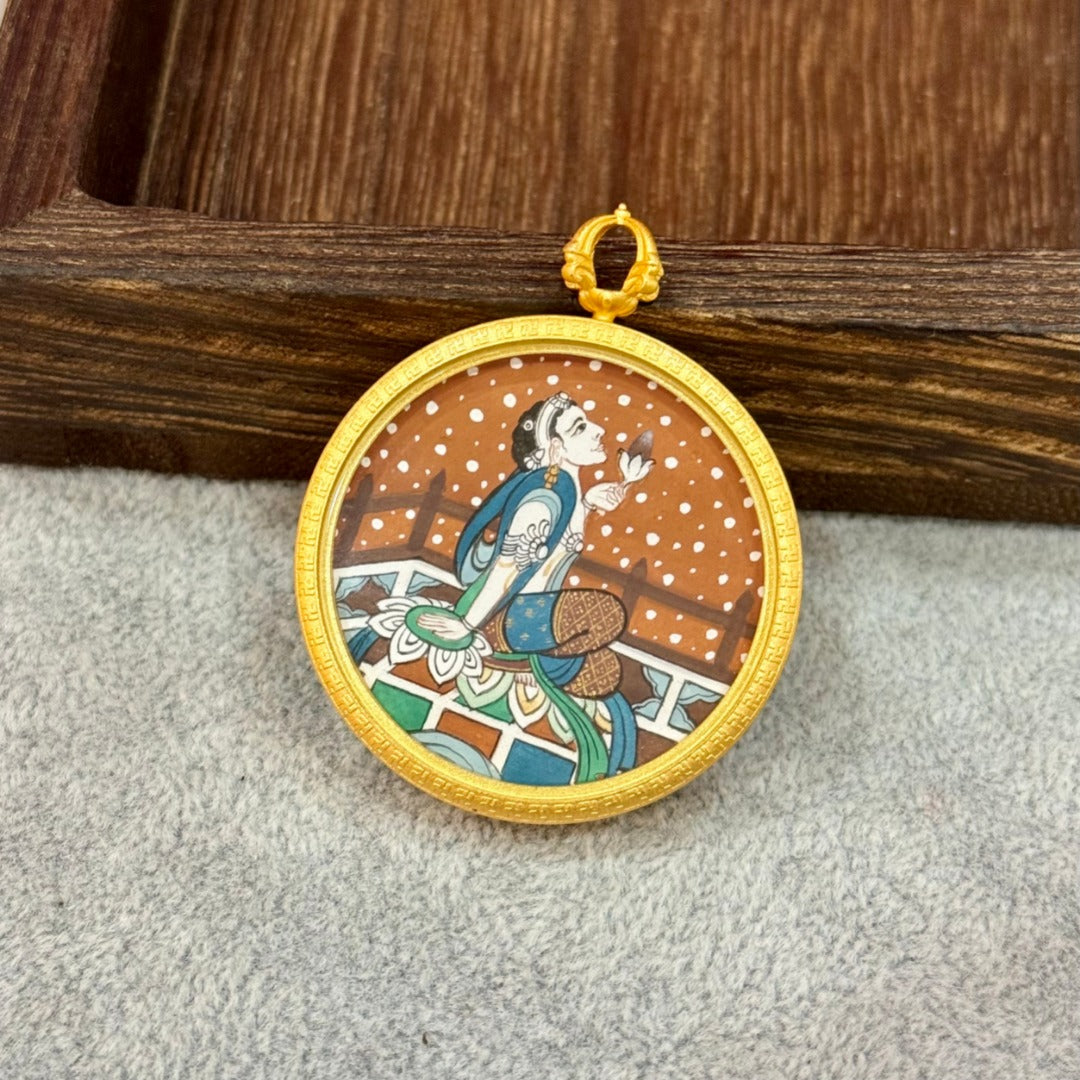  Hand-painted Tibet Dunhuang Mural Lotus-Holding Avalokiteshvara Thangka pendant featuring the Bodhisattva of Compassion with lotus, encased in matte copper, representing spiritual fulfillment in Tibetan Buddhist tradition.

