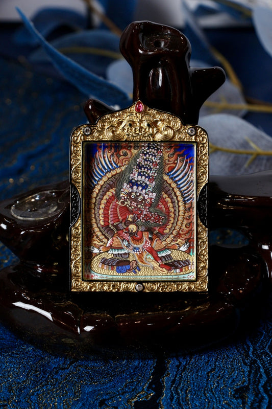 Maha Heruka thangka amulet used in Tibetan Buddhism for spiritual protection and inner realization.