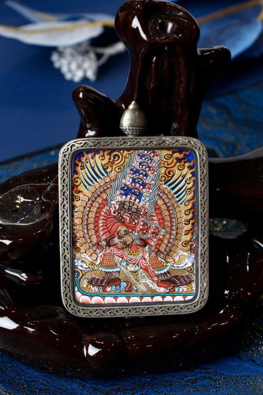 Maha Heruka Vajrayana thangka amulet used in Tibetan Buddhism for spiritual protection and transformative practice.