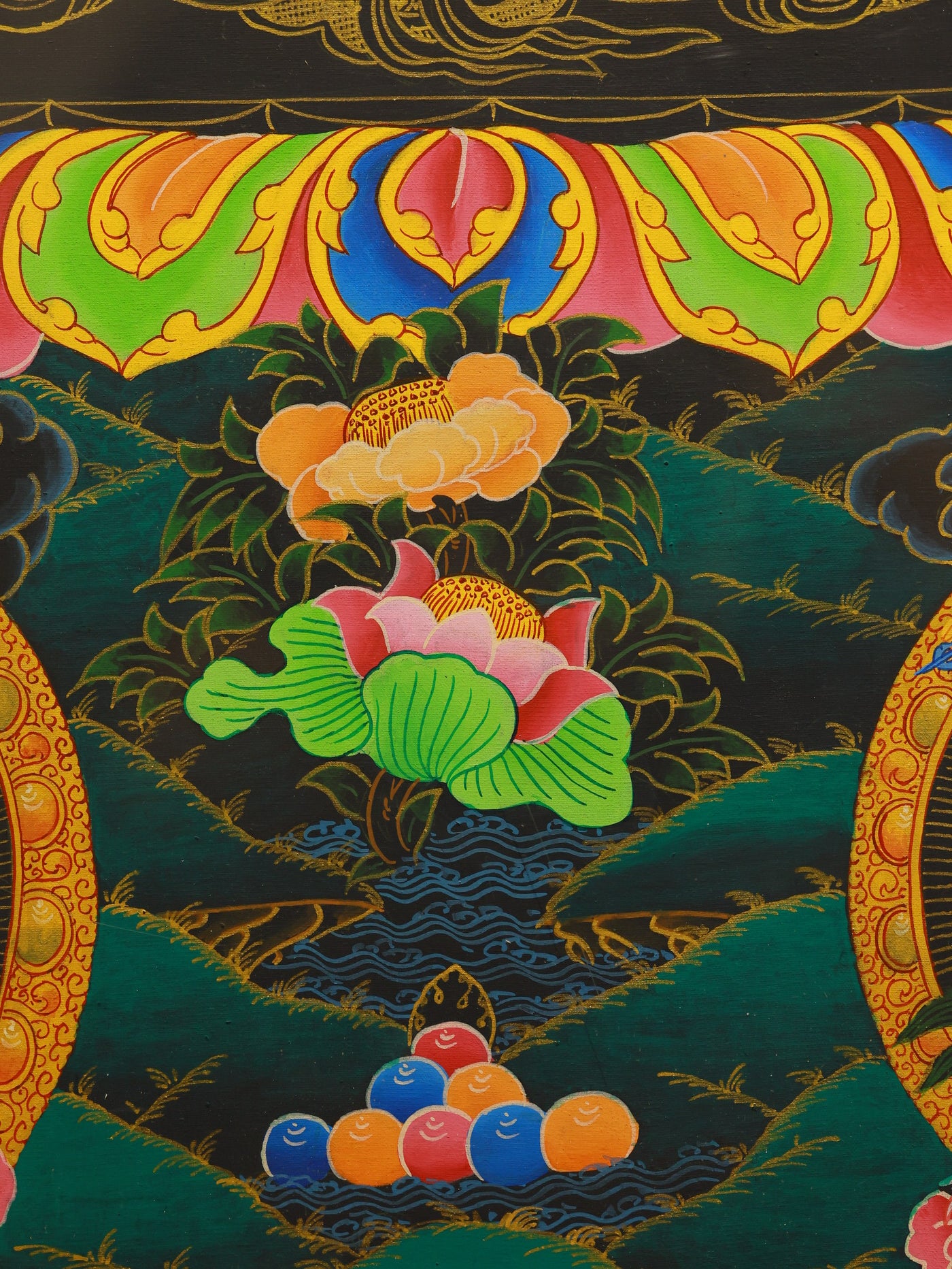 Sacred wisdom Manjushri black gold Buddhist thangka representing transcendent knowledge and awakening