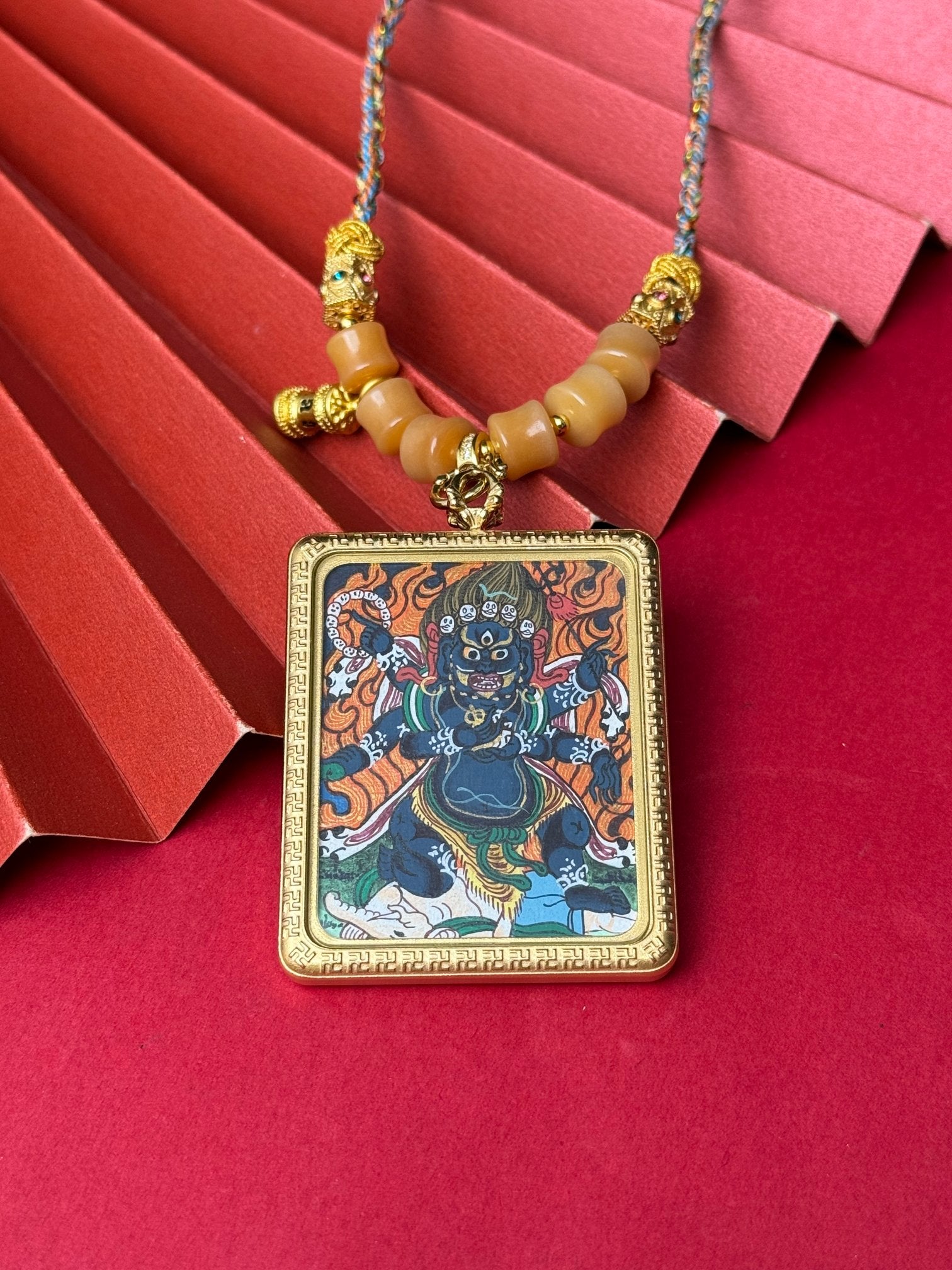 Hand-painted Nepal Six-Armed Mahakala (六臂玛噶拉/大黑天) Thangka pendant 4x5cm featuring the war deity and fortune deity, representing abundant life and prosperous wealth in Buddhist tradition.
