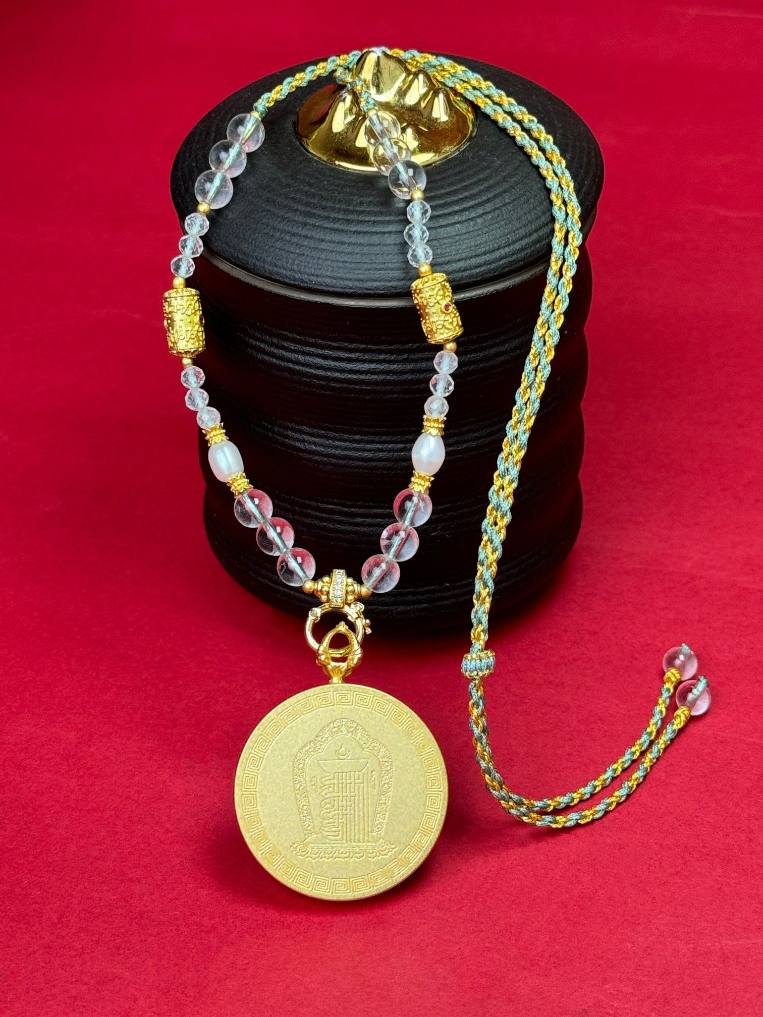  The Tibet Coarse Mahakala Buddha Face Thangka pendant with matte copper casing displayed as a sacred amulet for abundant life and prosperous wealth, embodying Buddhist tradition.
