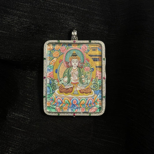 A 4x5cm hand-painted Mahasthamaprapta Bodhisattva with Eight Guardians and Mandala Thangka pendant featuring the Bodhisattva of Great Strength, representing joyful giving and light in Tibetan Buddhist tradition.

