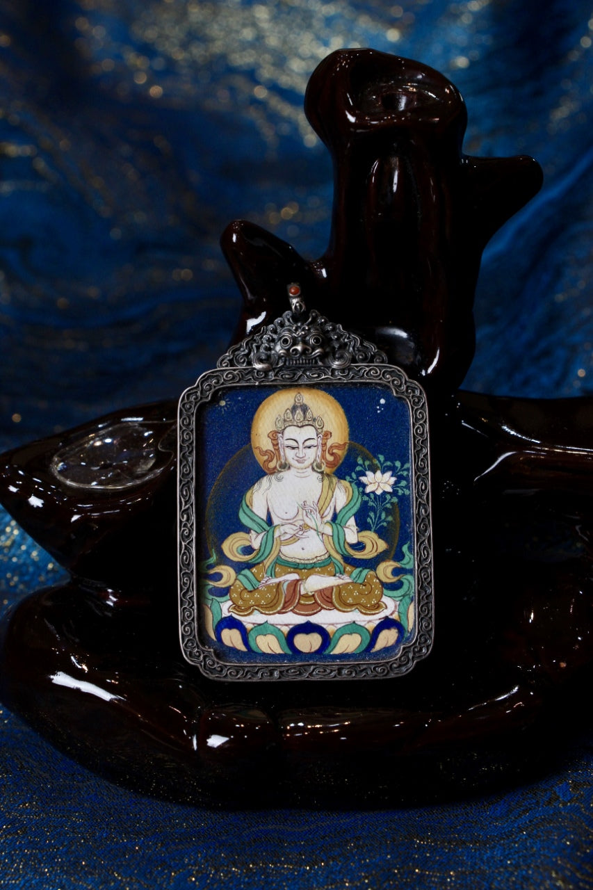 Tibetan thangka jewelry featuring Mahasthamaprapta Bodhisattva, inspired by traditional Tibetan Buddhist sacred art.