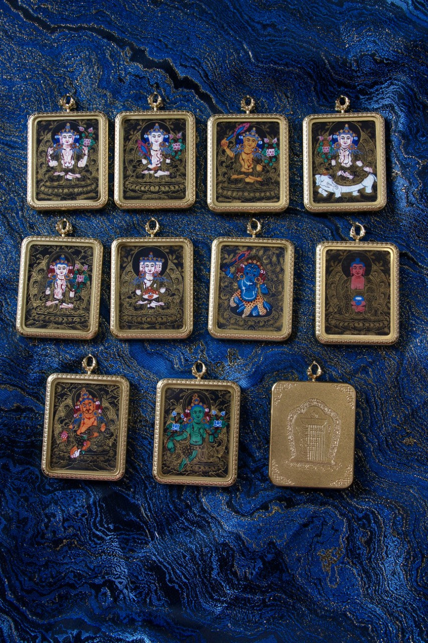 Tibetan thangka jewelry featuring Mahasthamaprapta Bodhisattva, inspired by traditional Tibetan Buddhist sacred art.