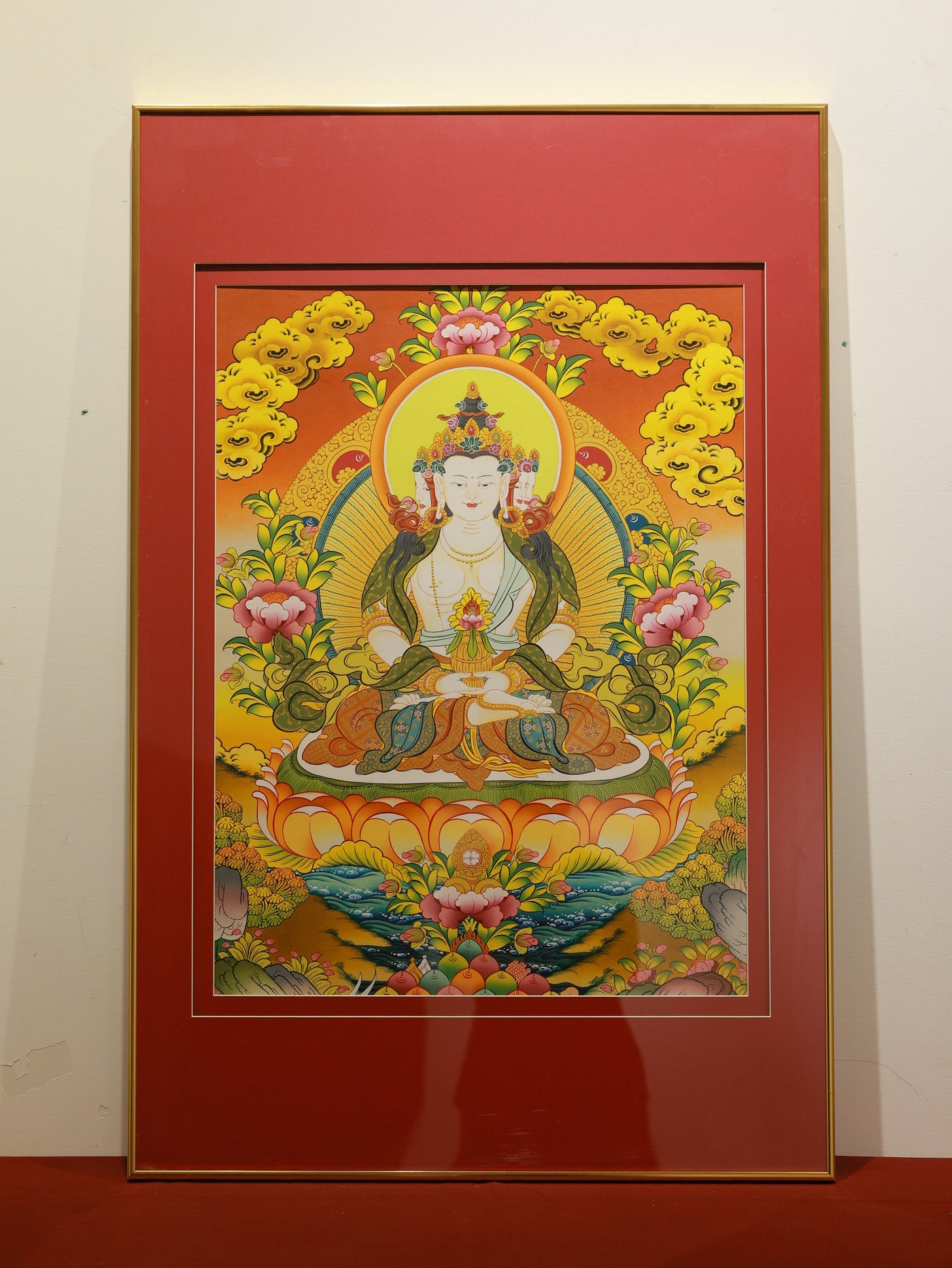 A detailed Vairocana Buddha mandala thangka in Tibetan Buddhist tradition, symbolizing cosmic order and enlightened awareness.