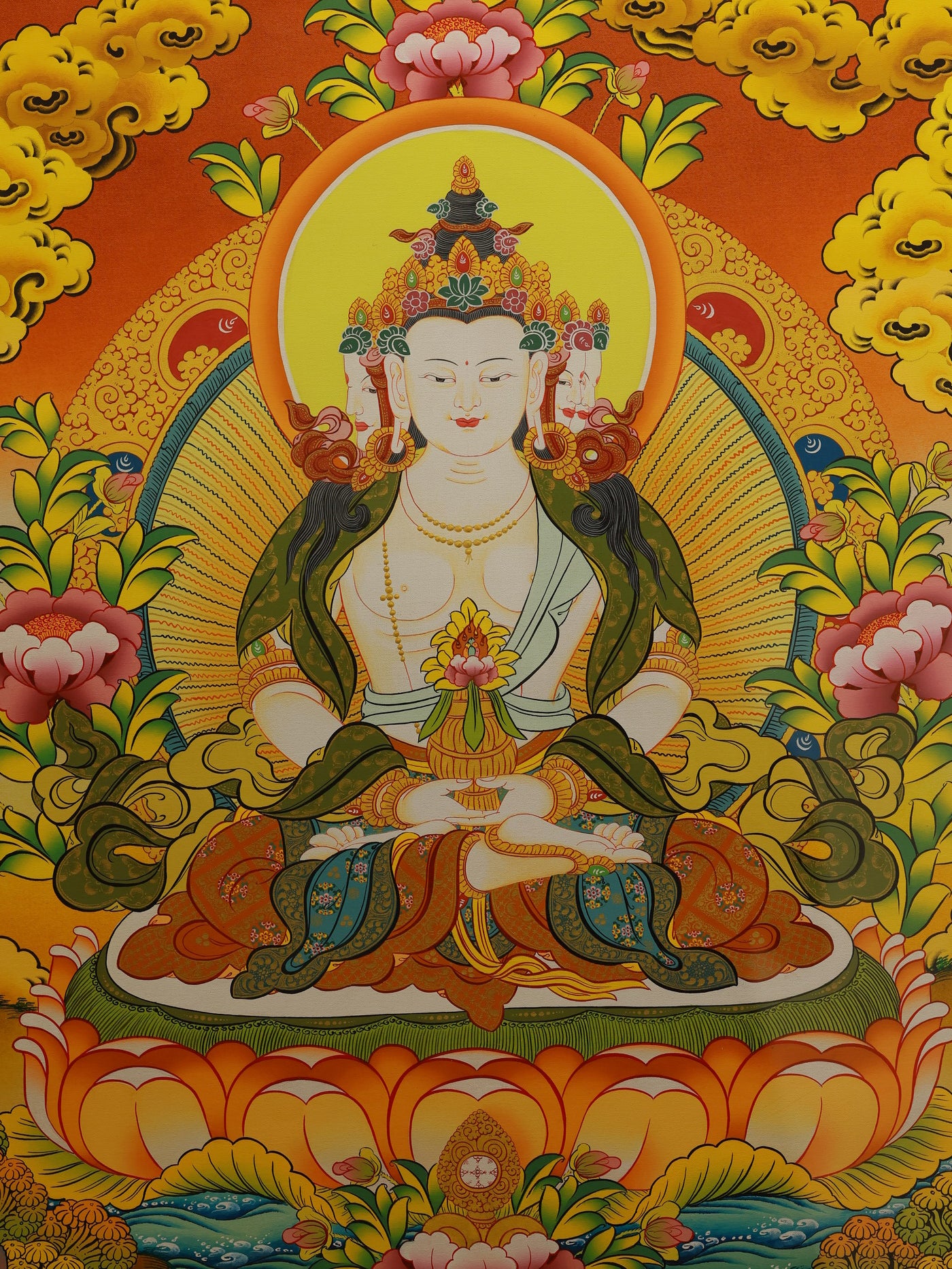 A hand-painted Mahavairocana Buddha thangka illustrating the Dharmakaya nature and universal truth in Tibetan Buddhism.