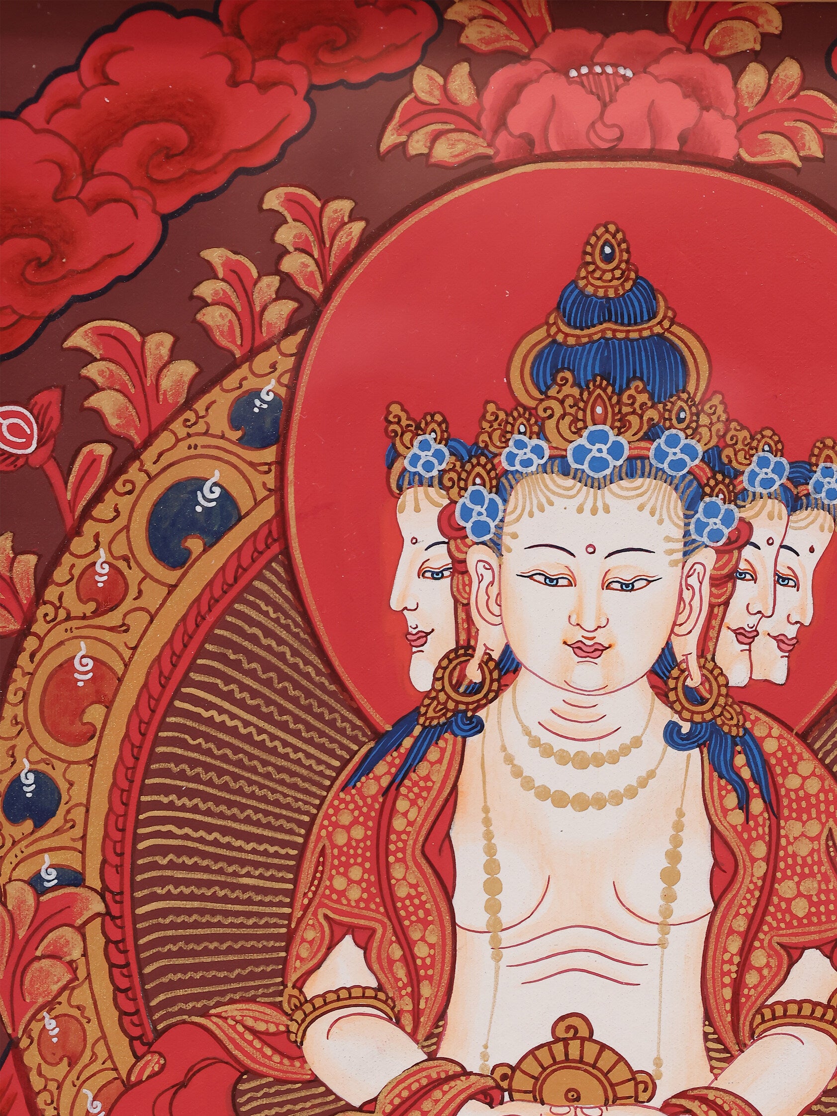 Tibetan Buddhist red thangka painting of Vairocana Buddha, Mahavairocana representing universal wisdom and cosmic enlightenment