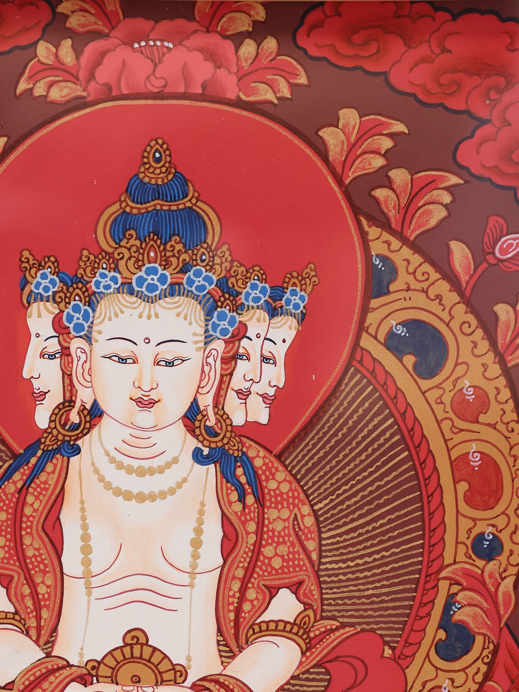 Hand-painted red Mahavairocana thangka, sacred Tibetan esoteric Buddhist art symbolizing the source of all Buddhas