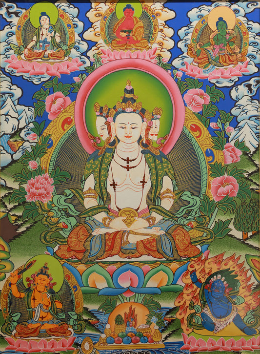 Color Tibetan Buddhist thangka depicting Mahavairocana Buddha, the cosmic Buddha of supreme wisdom and enlightenment