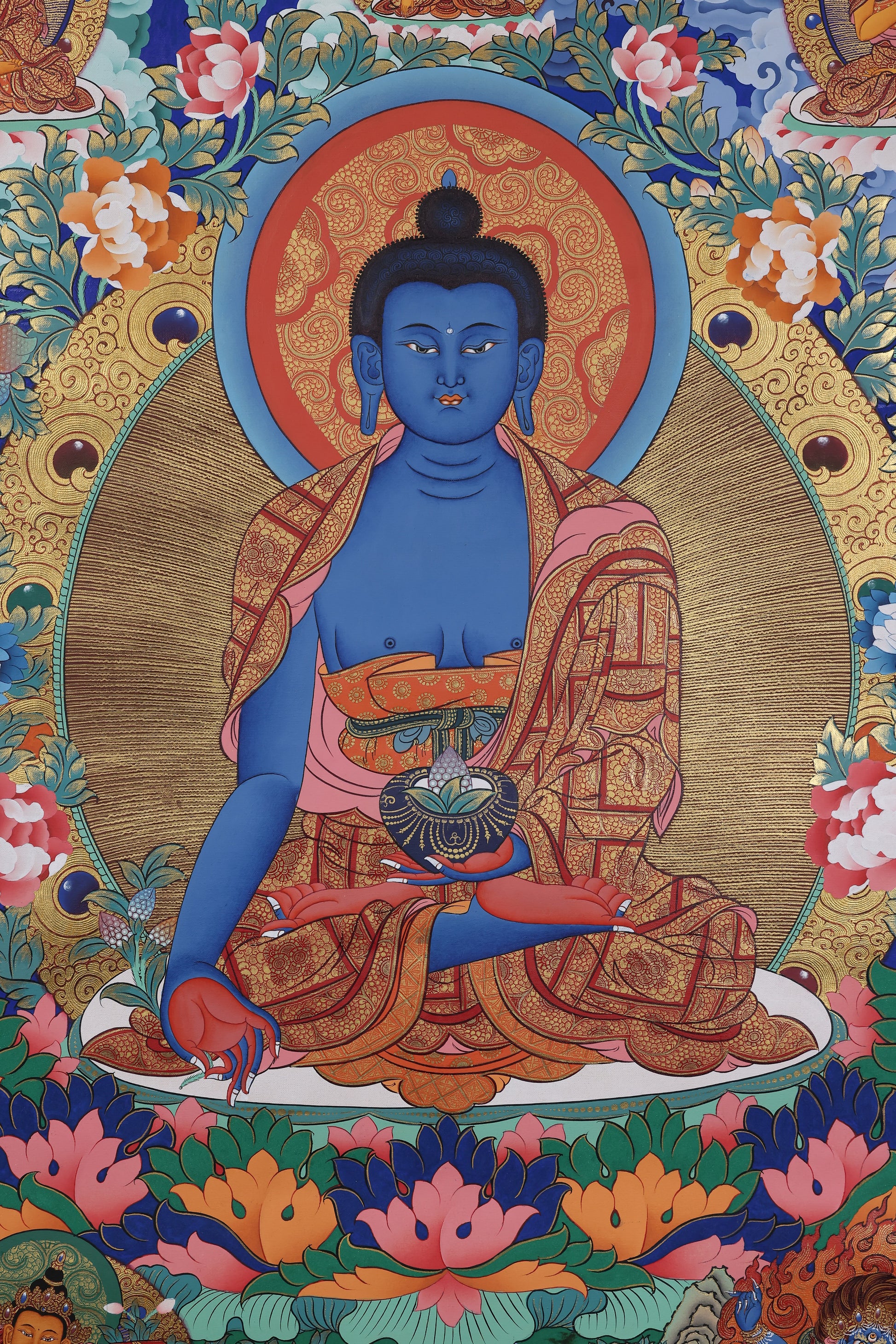Hand-painted Medicine Buddha Tibetan Thangka featuring Lapis Lazuli Healing Light, traditional Bhaisajyaguru sacred art.