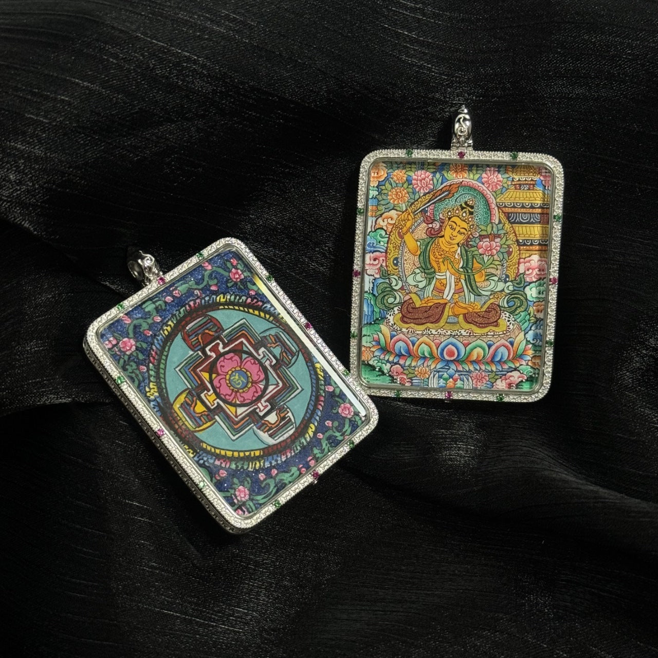  Close-up detail of the Manjushri with Eight Guardians and Mandala Thangka painting showing intricate natural mineral pigment work, showcasing the masterful artistry of Tibetan lineage painters.
