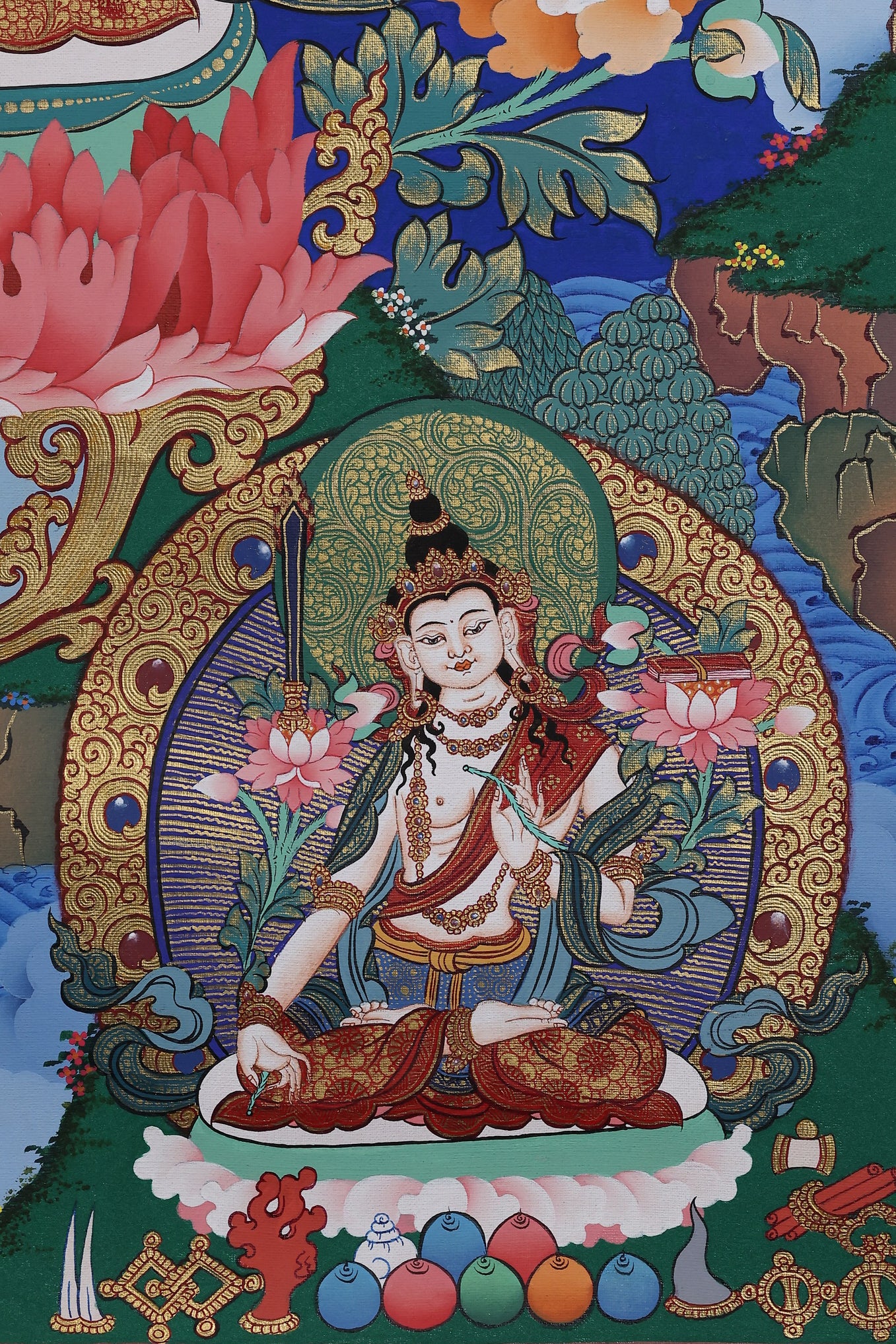 Alt Text: Traditional Tibetan Manjushri Thangka featuring the wisdom flame sword and Prajnaparamita sutra.