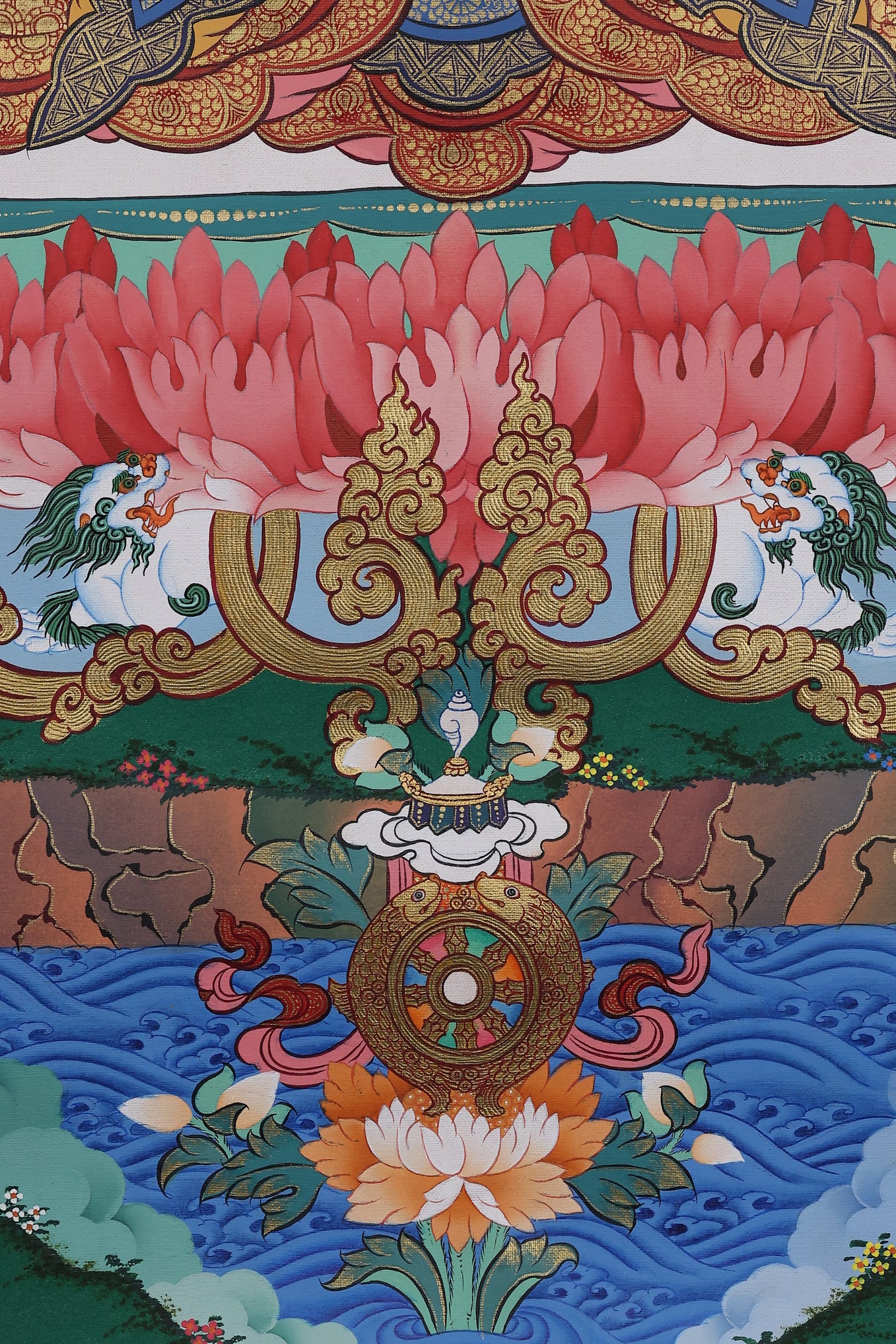 Alt Text: Orange Manjushri Bodhisattva seated on a lotus throne, symbolizing supreme wisdom in Tibetan Buddhism.