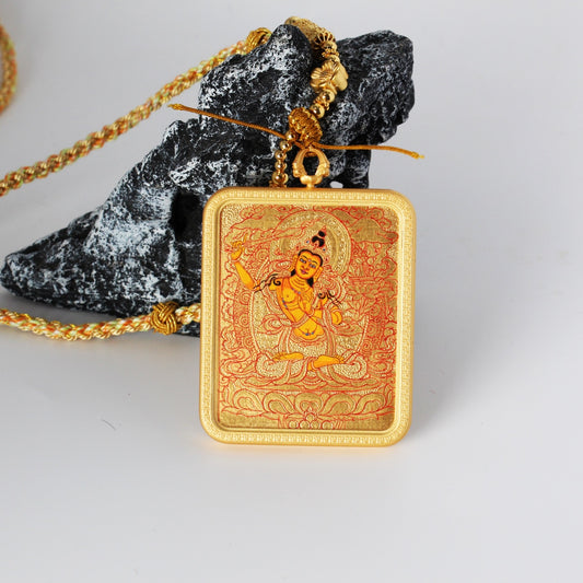  Close-up detail of the Karma Kagyu Manjushri Thangka painting showing intricate natural mineral pigment work and wisdom symbolism, showcasing the masterful artistry of Tibetan lineage painters.
