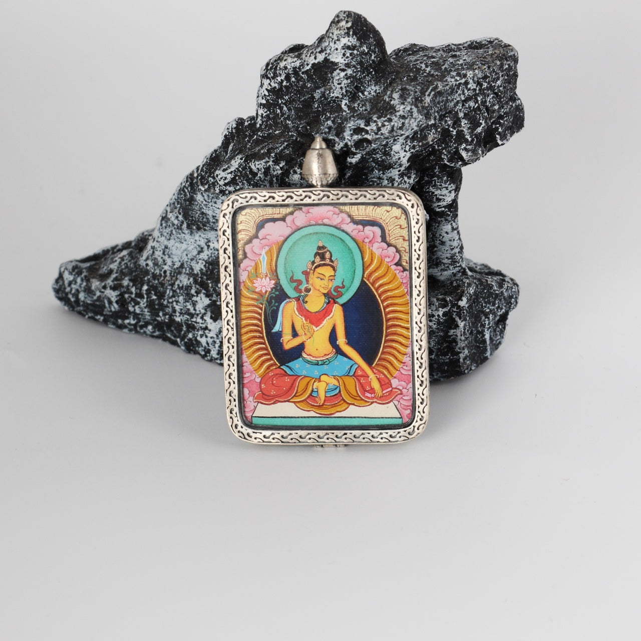  Close-up detail of the Karma Kagyu Manjushri Thangka painting showing intricate natural mineral pigment work and wisdom symbolism, showcasing the masterful artistry of Tibetan lineage painters.

