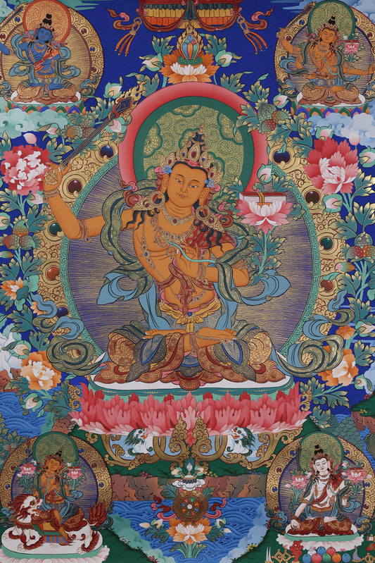 Alt Text: Hand-painted Manjushri Tibetan Thangka depicting the Bodhisattva of Wisdom holding the flaming sword and lotus.