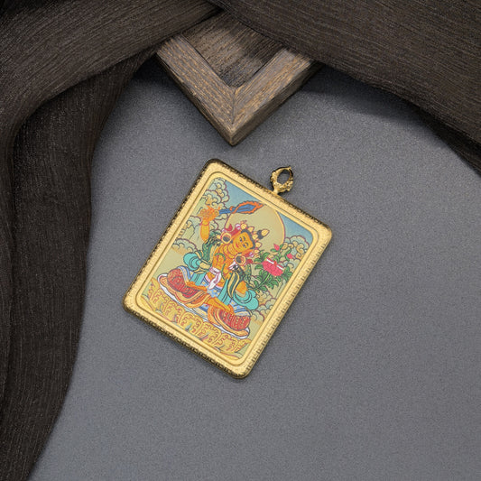 Hand-painted Nepal Manjushri (文殊菩萨) Thangka pendant 4x5cm with titanium casing featuring the Bodhisattva of Wisdom, representing wisdom and learning in Buddhist tradition.
