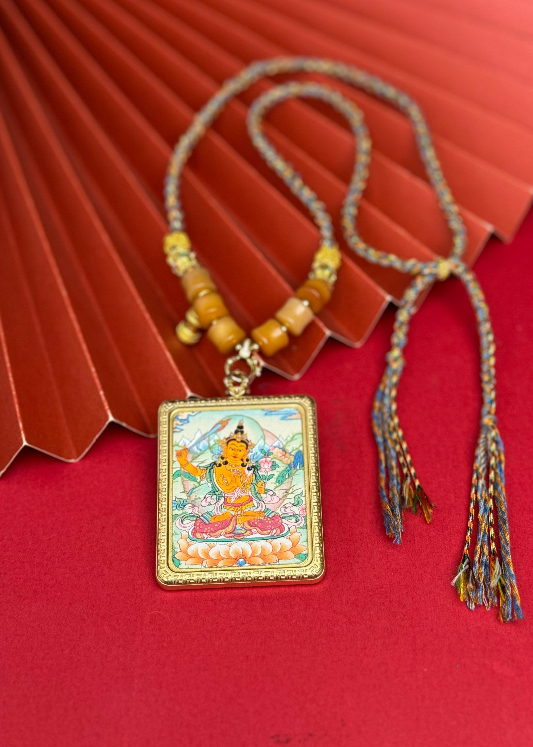  Hand-painted Nepal Manjushri (文殊菩萨) Thangka pendant 4x5cm with titanium casing featuring the Mother of All Buddhas and wisdom deity, representing academic progress, wealth and blessings in Buddhist tradition.


