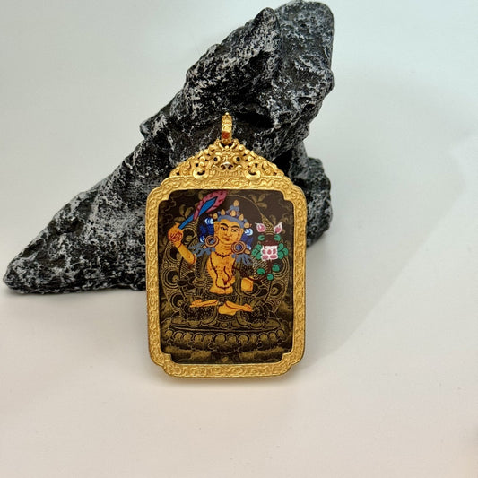  Close-up detail of the Nepal Black Gold Manjushri Thangka painting showing intricate natural mineral pigment work, showcasing the masterful artistry of Nepali lineage painters.
