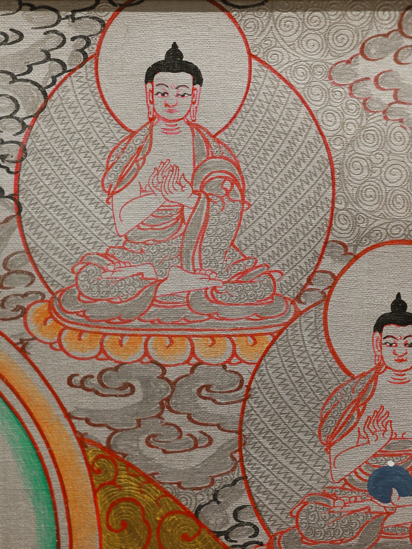 Manjushri Bodhisattva silver thangka with flaming sword cutting through ignorance