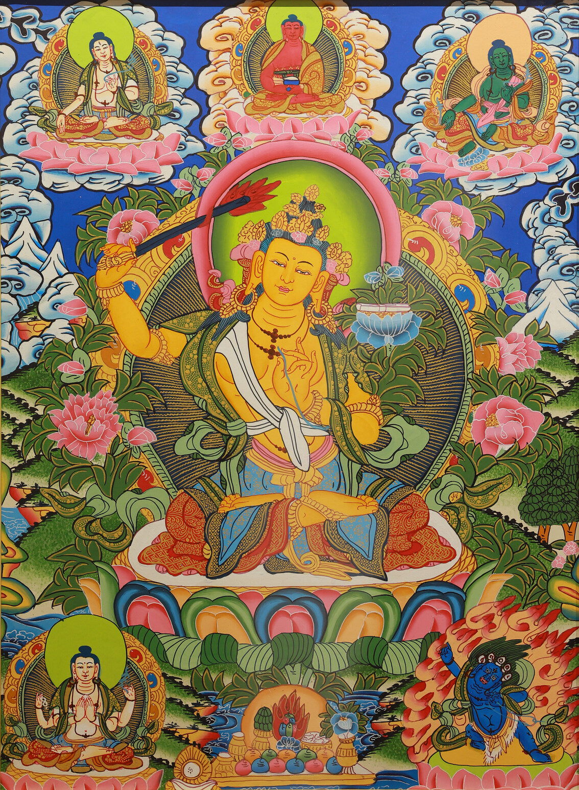 Tibetan Buddhist culture, a color thangka painting of Manjushri Bodhisattva seated on a lotus throne, holding a wisdom sword and lotus flower, symbolizing wisdom and compassion.