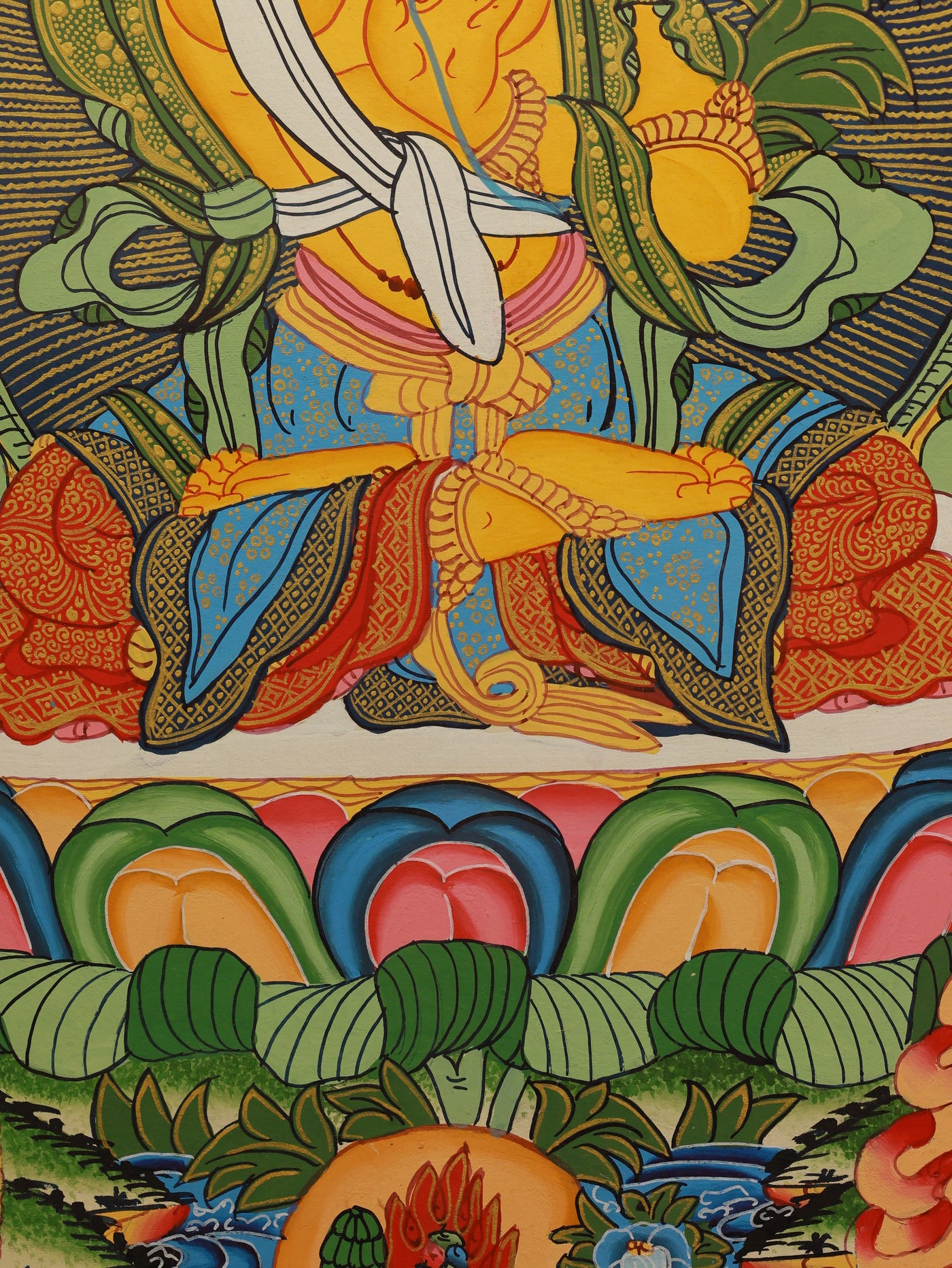 Manjushri thangka emphasizing the flaming wisdom sword cutting through ignorance, with rays of wisdom light illuminating the scene.