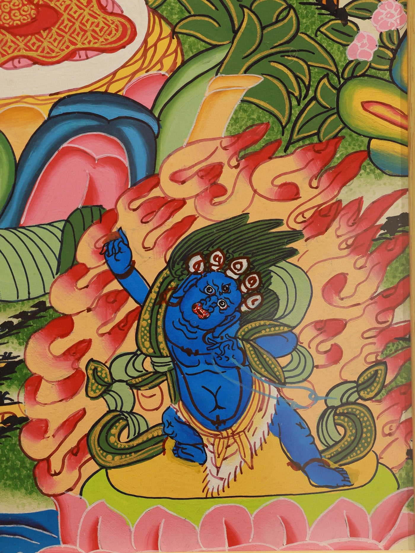 Manjushri thangka emphasizing the flaming wisdom sword cutting through ignorance, with rays of wisdom light illuminating the scene.