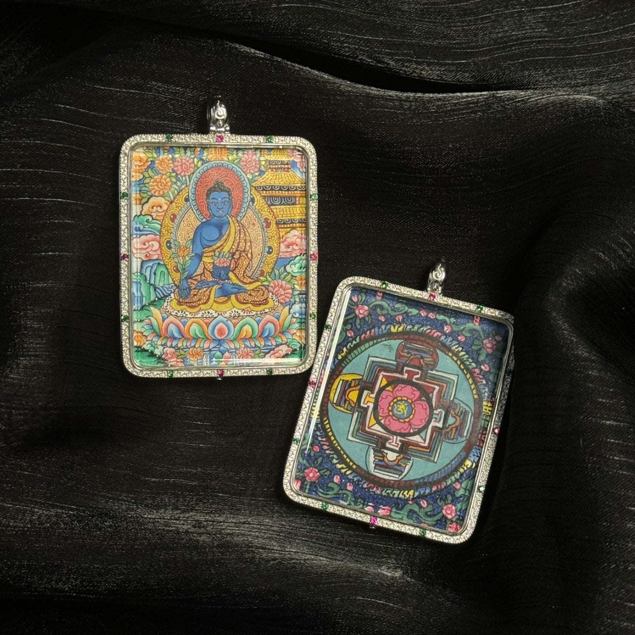  Close-up detail of the Medicine Buddha with Mandala Thangka painting showing intricate natural mineral pigment work, showcasing the masterful artistry of Tibetan lineage painters.

