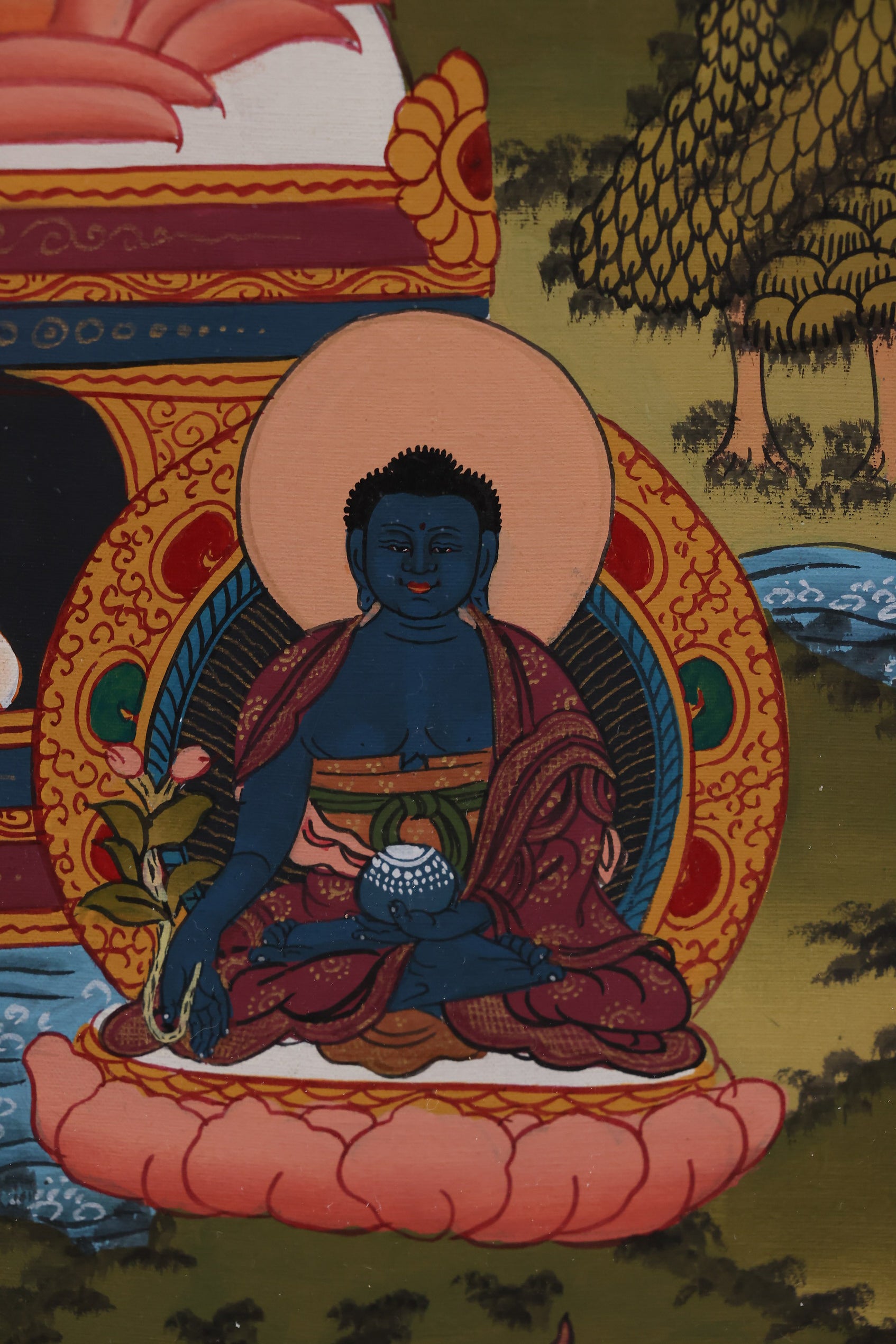 Tibetan Buddhist Medicine Buddha mandala artwork representing sacred geometry and compassionate healing power.