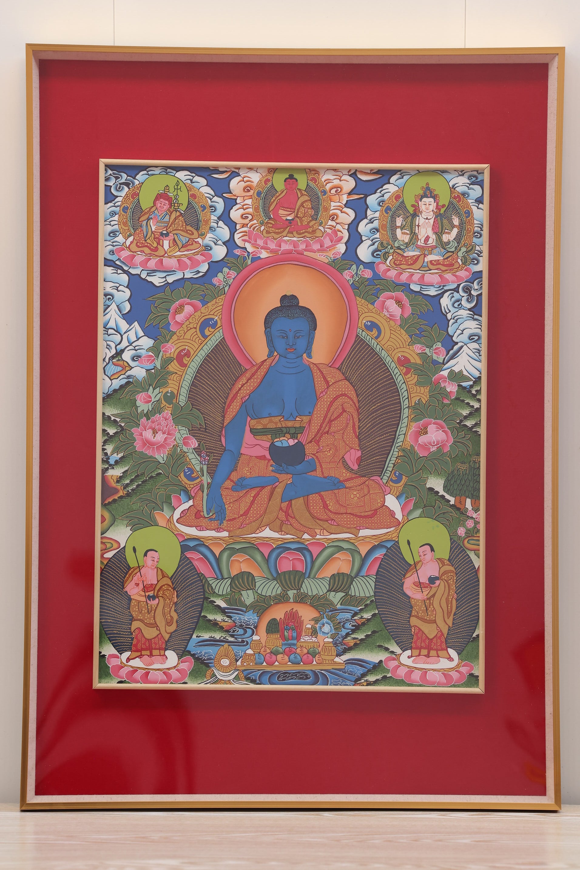 Lapis-blue Medicine Buddha Thangka – handpainted Tibetan art symbolizing healing blessings and purity in the Pure Glass World.