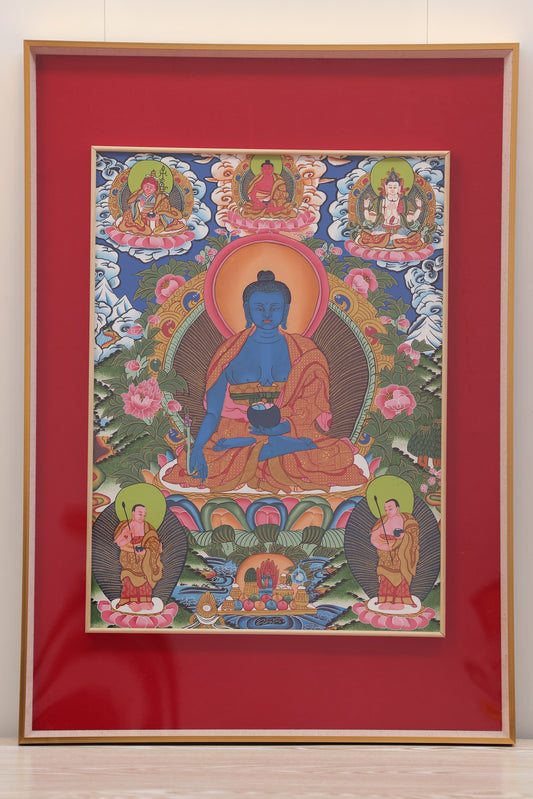 Lapis-blue Medicine Buddha Thangka – handpainted Tibetan art symbolizing healing blessings and purity in the Pure Glass World.