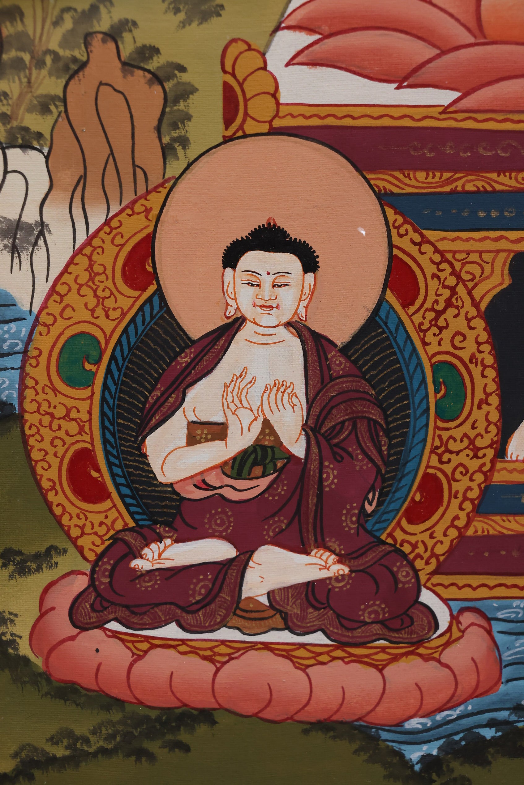 Tibetan healing mandala featuring the Medicine Buddha, associated with longevity, health, and karmic purification.