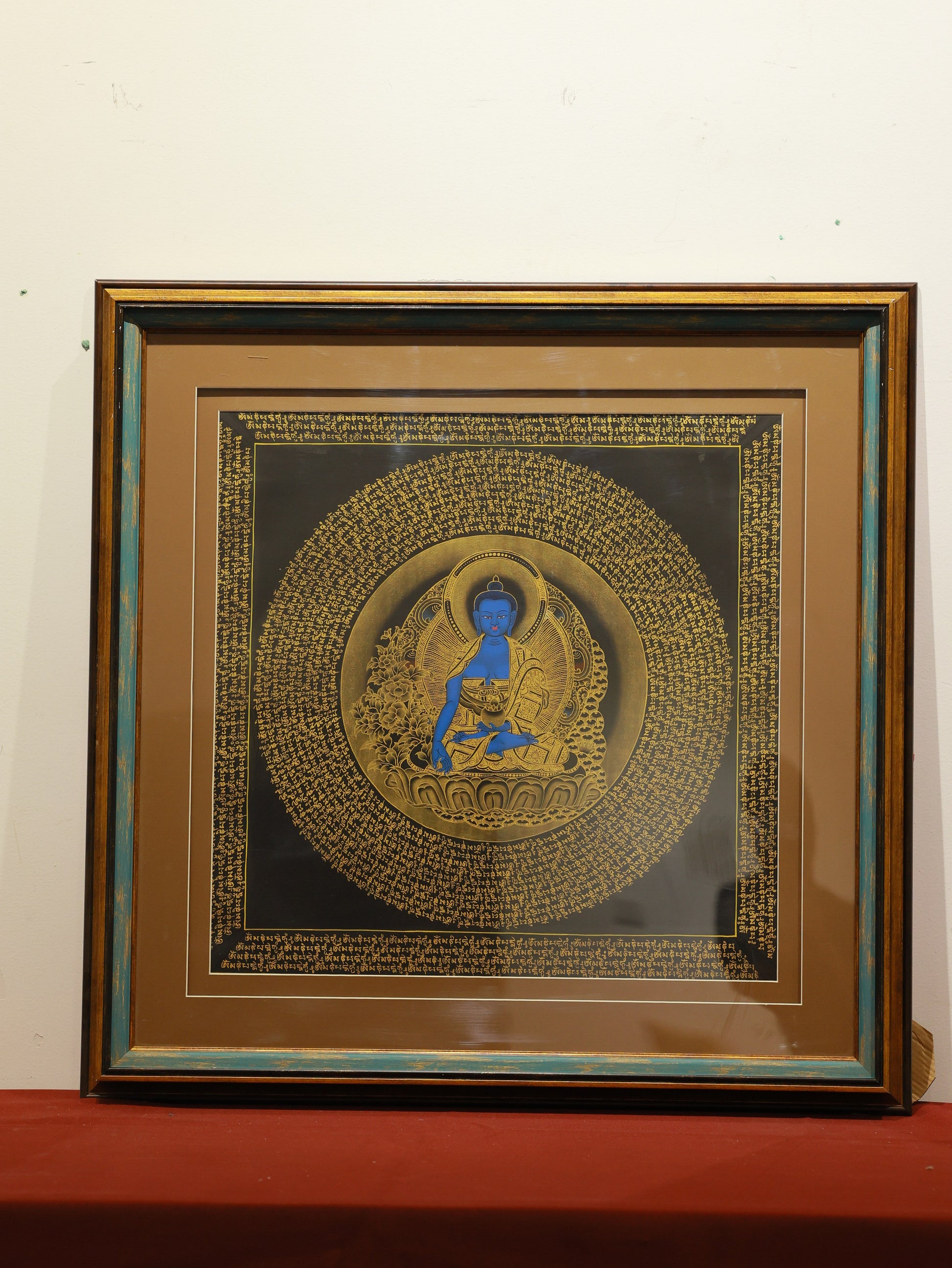 Detailed Medicine Buddha Thangka with six-syllable mantra, Tibetan Buddhist art, spiritual healing representation