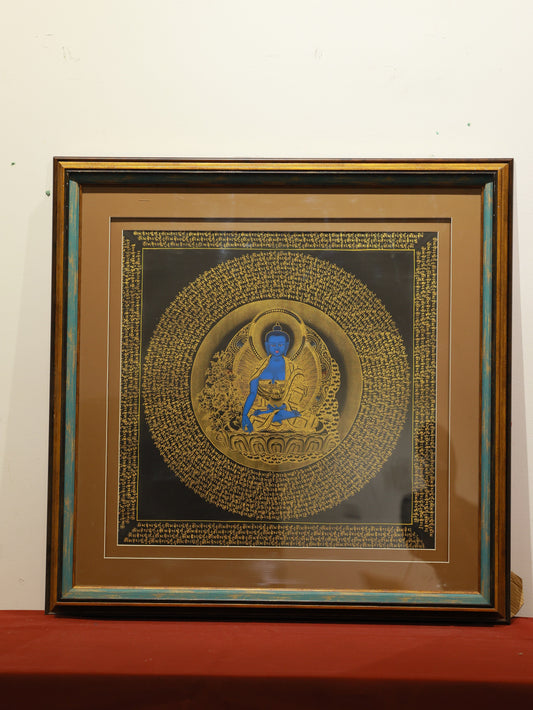 Detailed Medicine Buddha Thangka with six-syllable mantra, Tibetan Buddhist art, spiritual healing representation