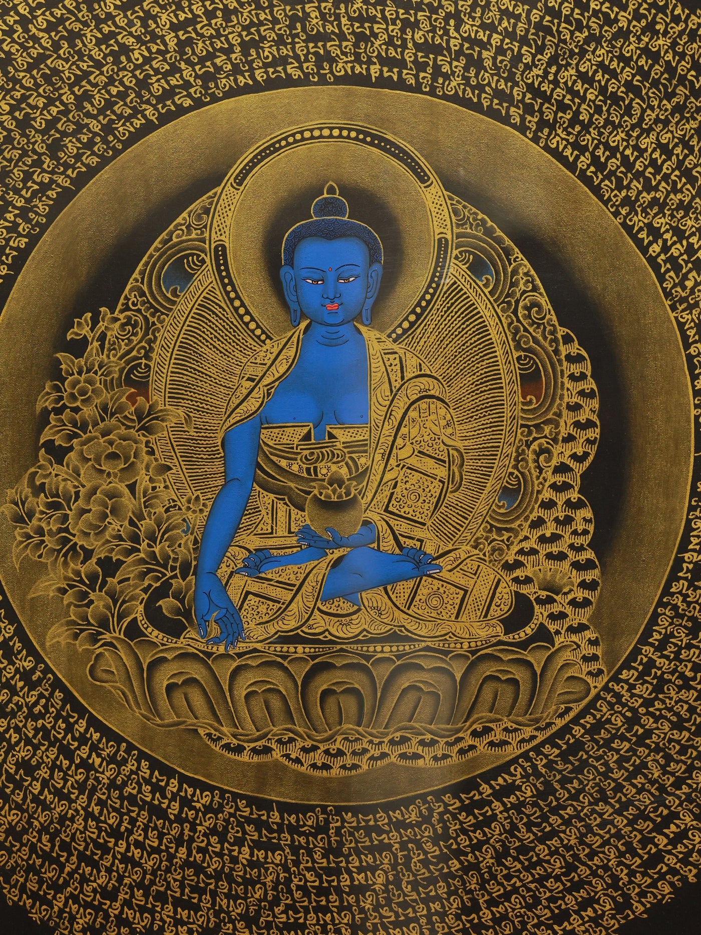 Handcrafted Tibetan Medicine Buddha Thangka showing six-syllable mantra, sacred Buddhist symbolism