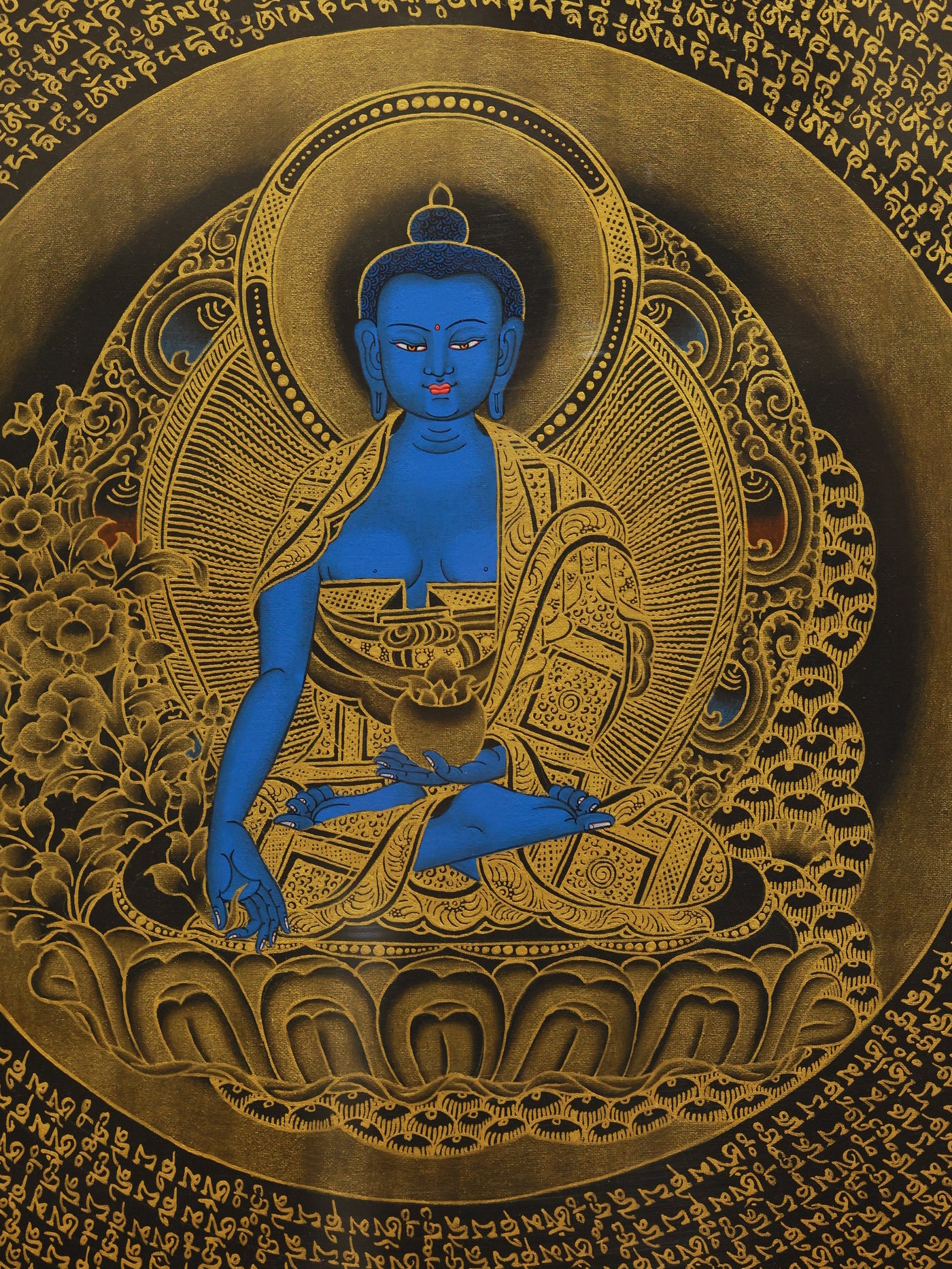 Colorful Medicine Buddha Thangka from Tibetan Buddhist culture, includes the six-syllable healing mantra