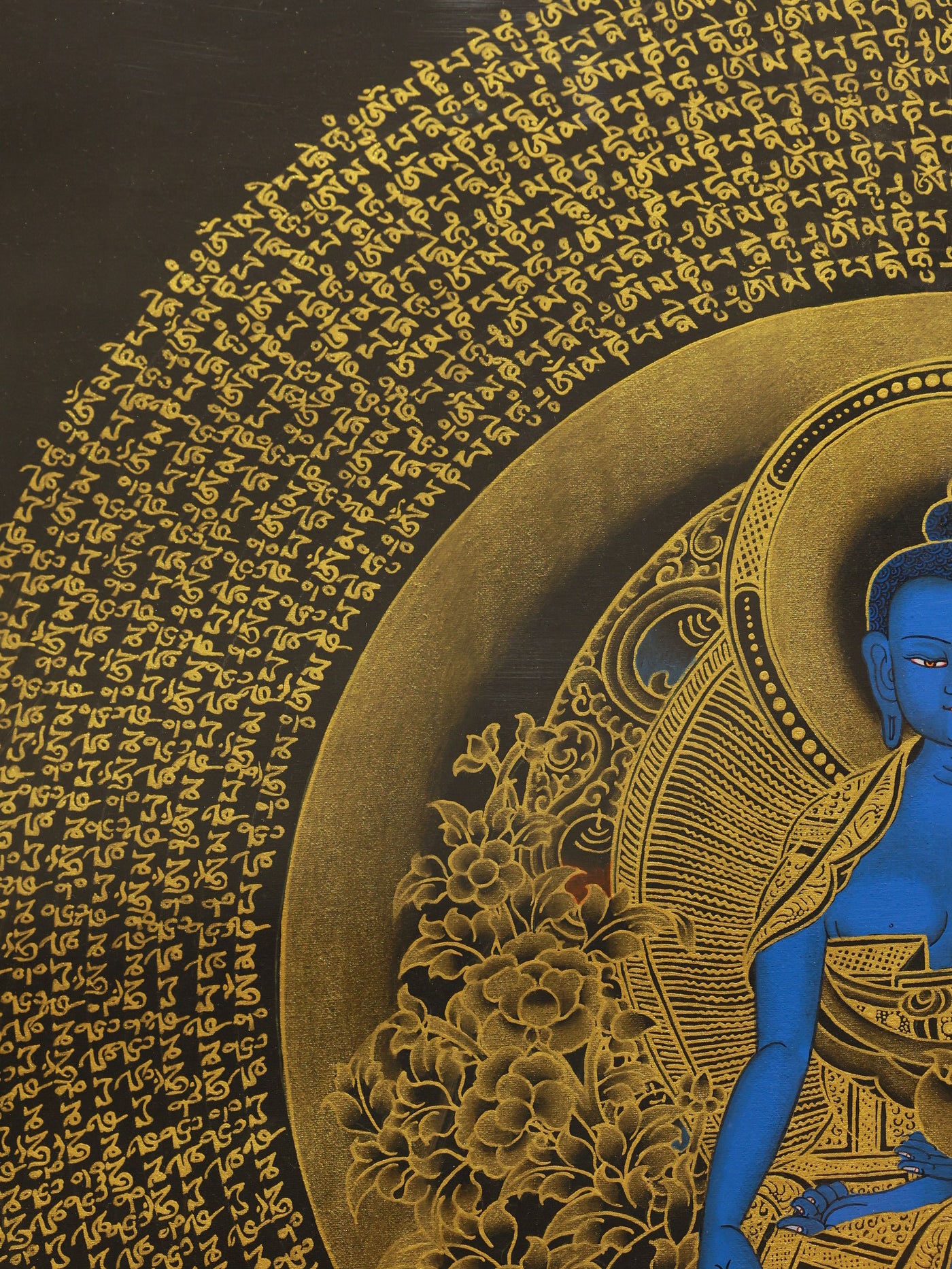Tibetan Buddhist Thangka depicting Medicine Buddha with six-syllable mantra, intricate artistic details.