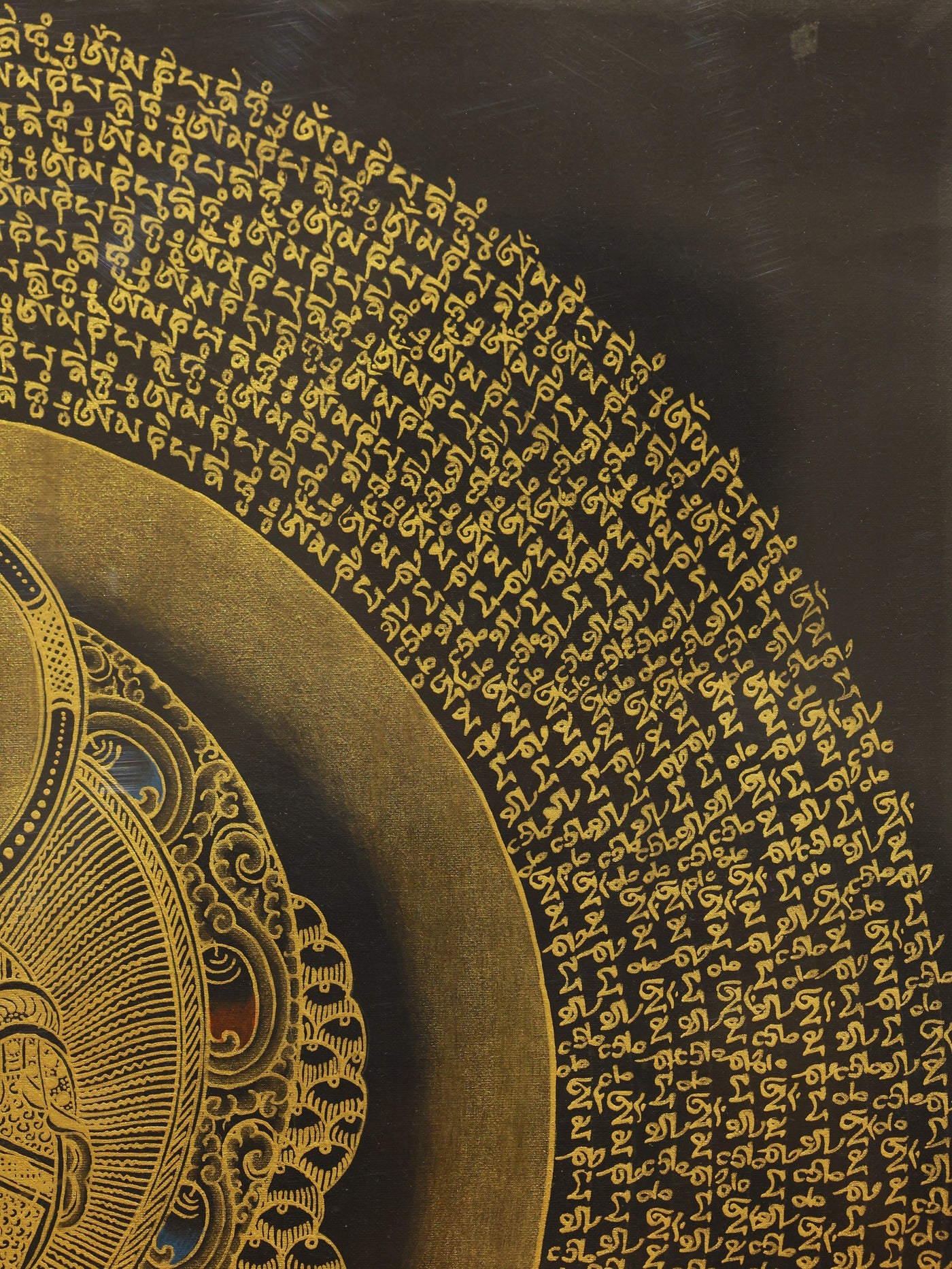 Sacred Medicine Buddha Thangka from Tibet, featuring six-syllable mantra, vibrant and spiritual design.