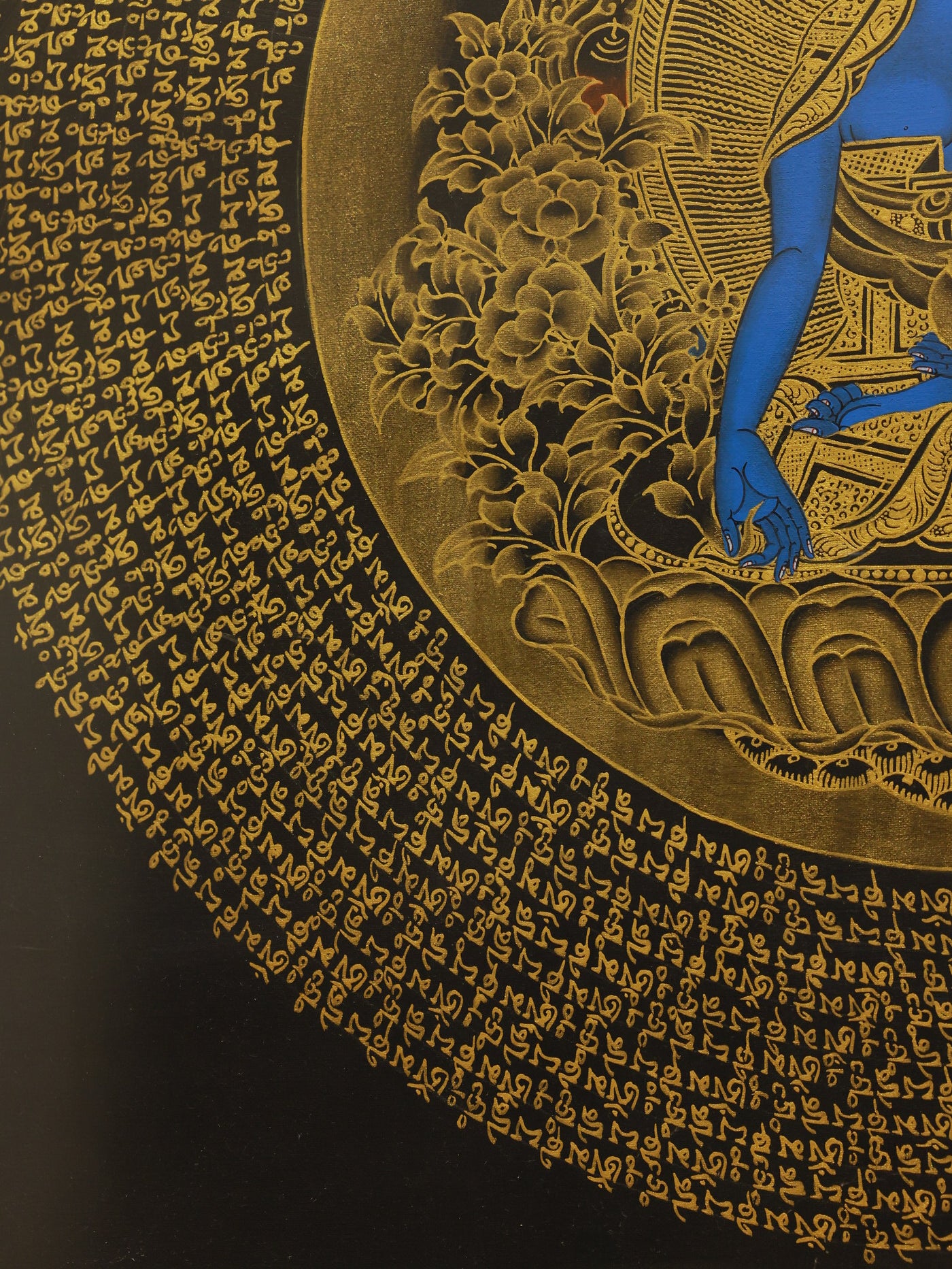 Hand-painted Tibetan Medicine Buddha Thangka with six-syllable mantra, traditional Buddhist iconography.