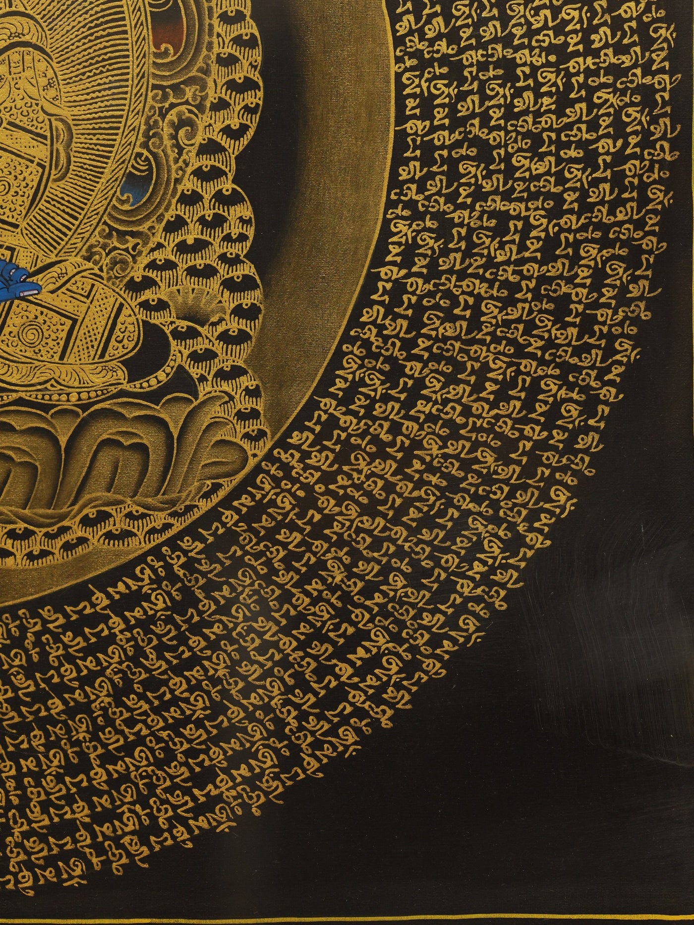 Tibetan Thangka of Medicine Buddha, showcasing six-syllable mantra, symbolizing healing and protection.