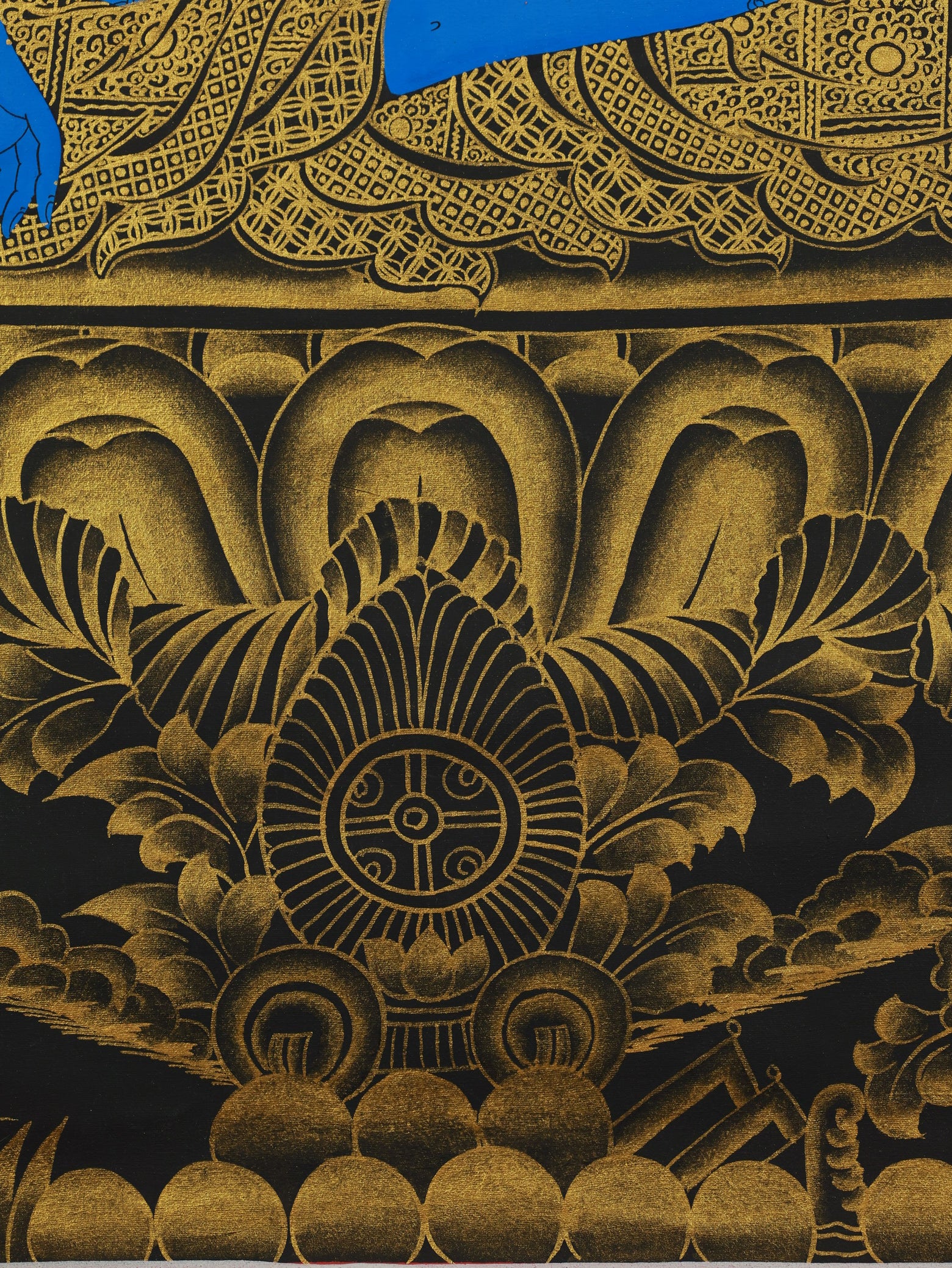 Hand-painted Medicine Buddha thangka with intricate 24K gold outlining, demonstrating the premium craftsmanship and spiritual dedication of traditional Tibetan artists.