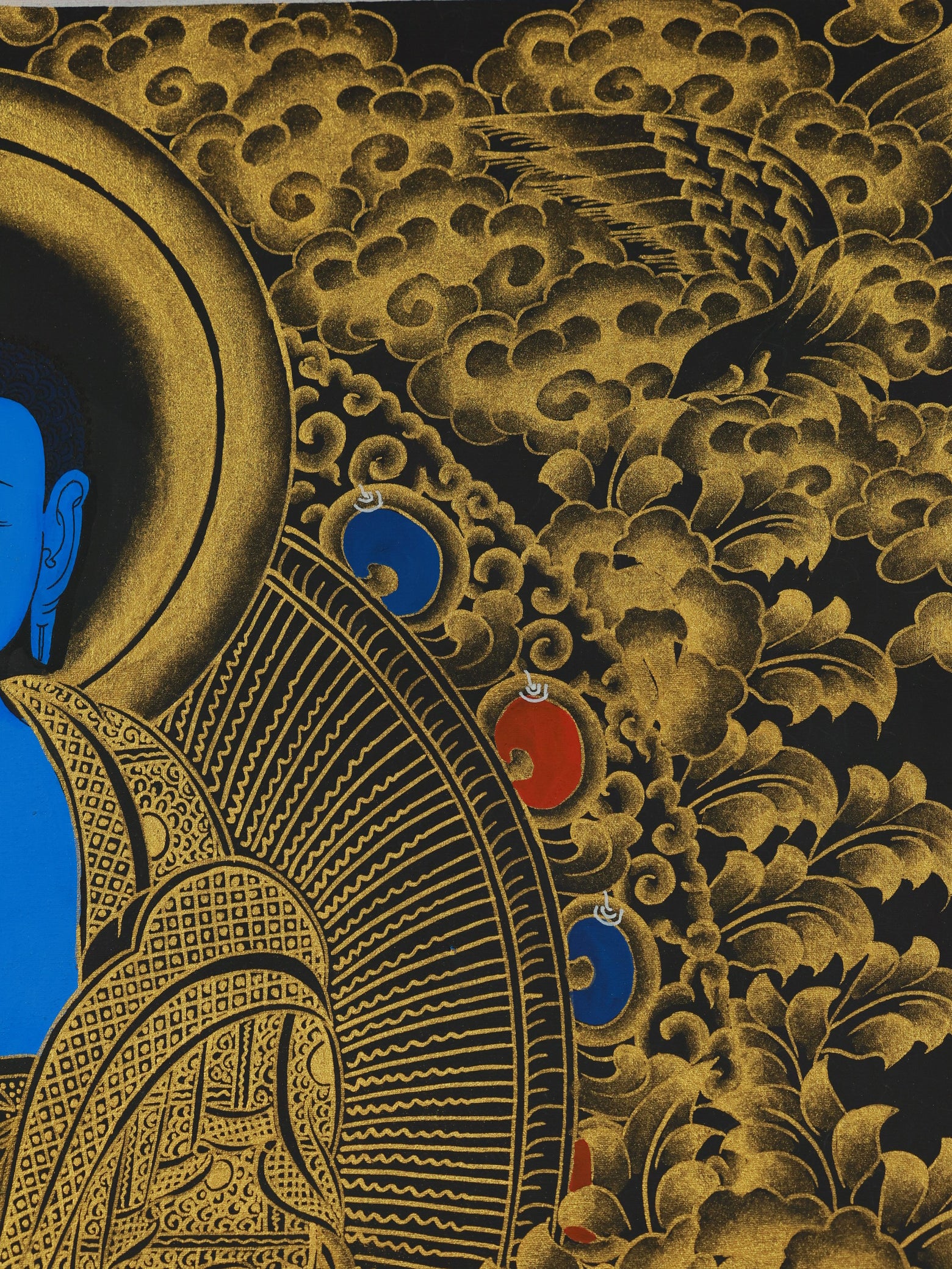 Visualization thangka based on the Medicine Buddha Sutra, designed to aid meditation on healing mantras and the Buddha's compassionate vows for all beings.